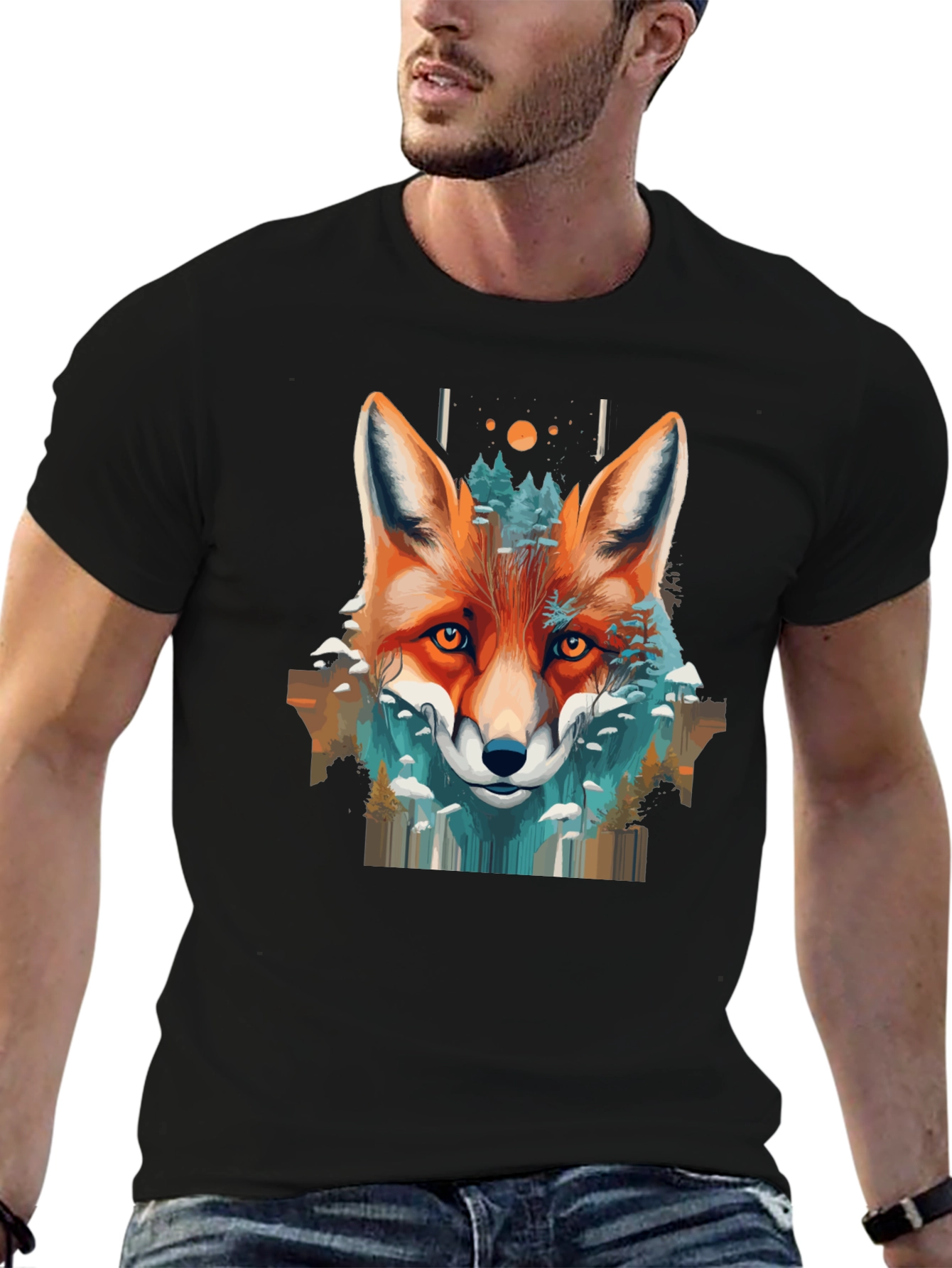 Camiseta Negra con Diseño de Zorro y Naturaleza