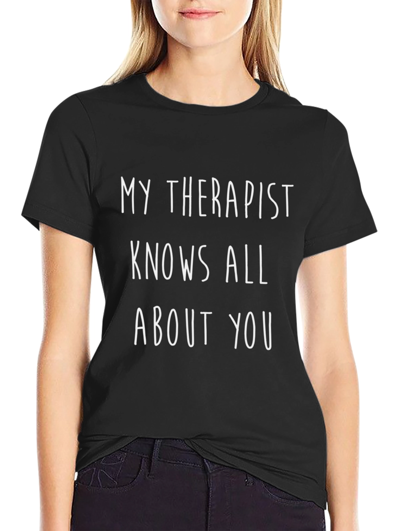 Camiseta Negra: Mi Terapeuta Lo Sabe Todo