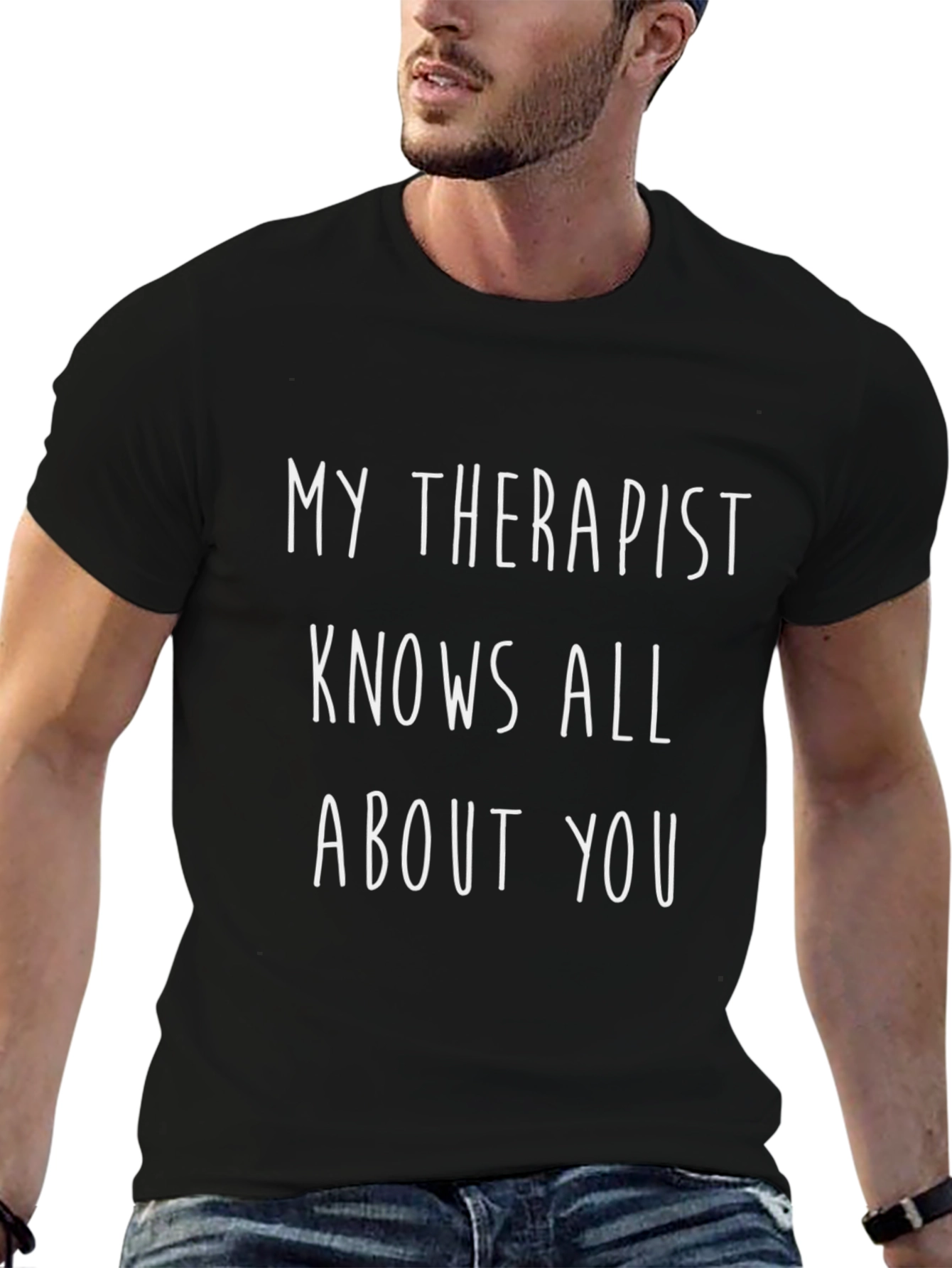 Camiseta Negra: Mi Terapeuta Lo Sabe Todo