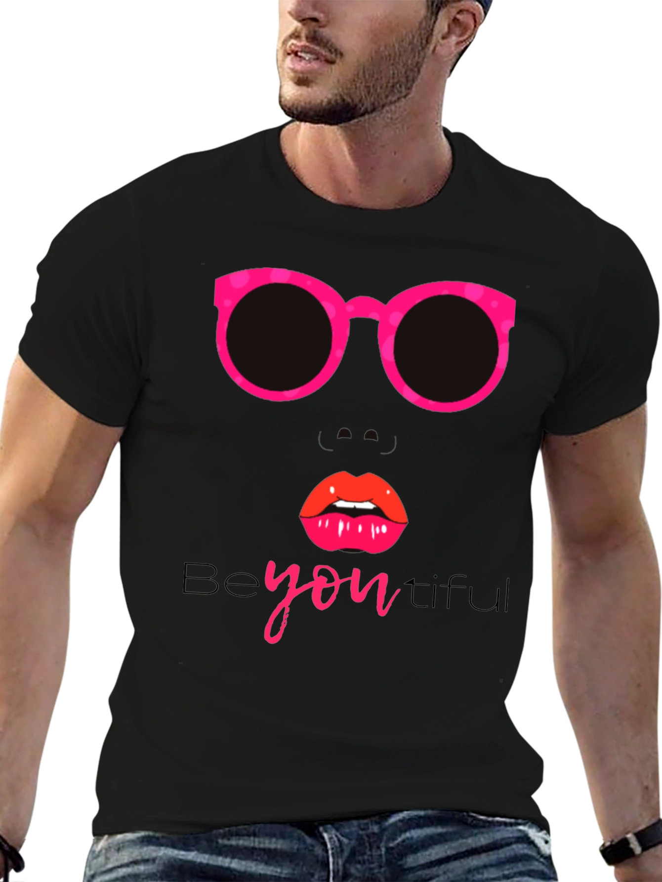 Camiseta Negra con Diseño de Gafas y Labios