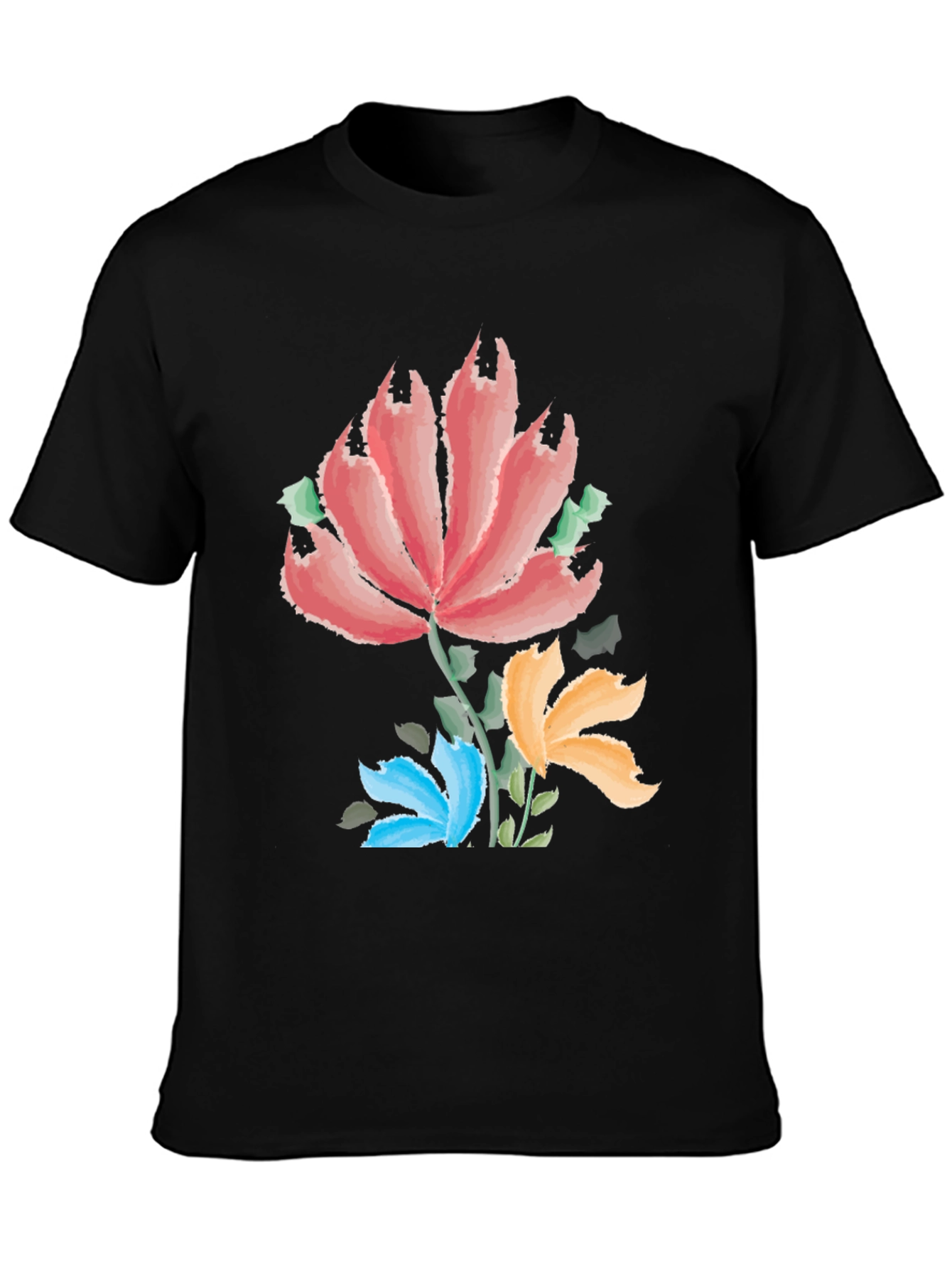 Camiseta Negra con Estampado Floral Artístico