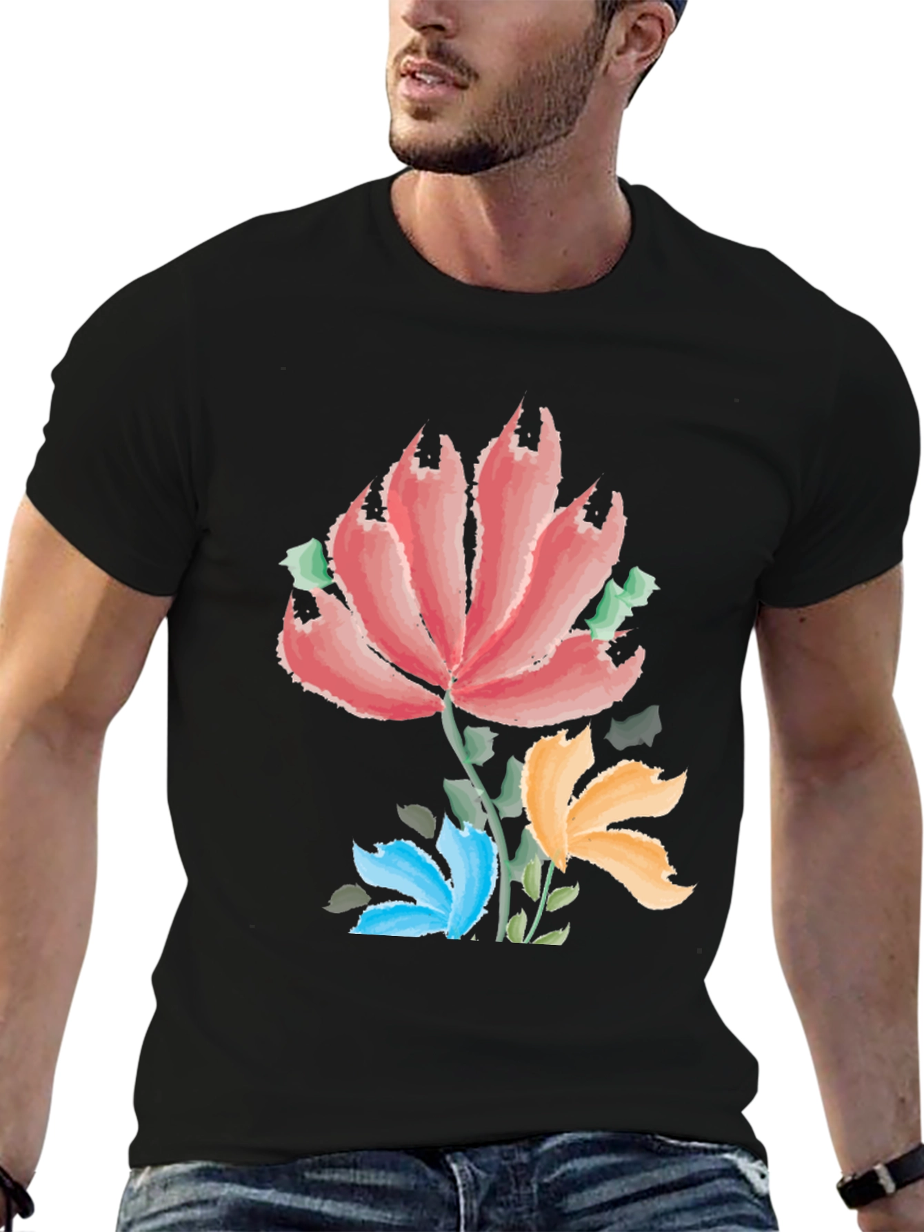 Camiseta Negra con Estampado Floral Artístico