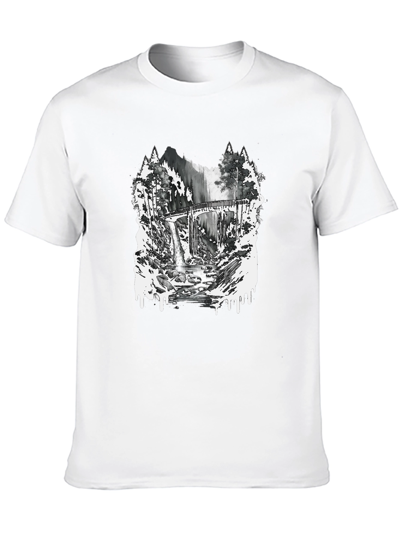 Camiseta Negra con Diseño de Bosque y Puente