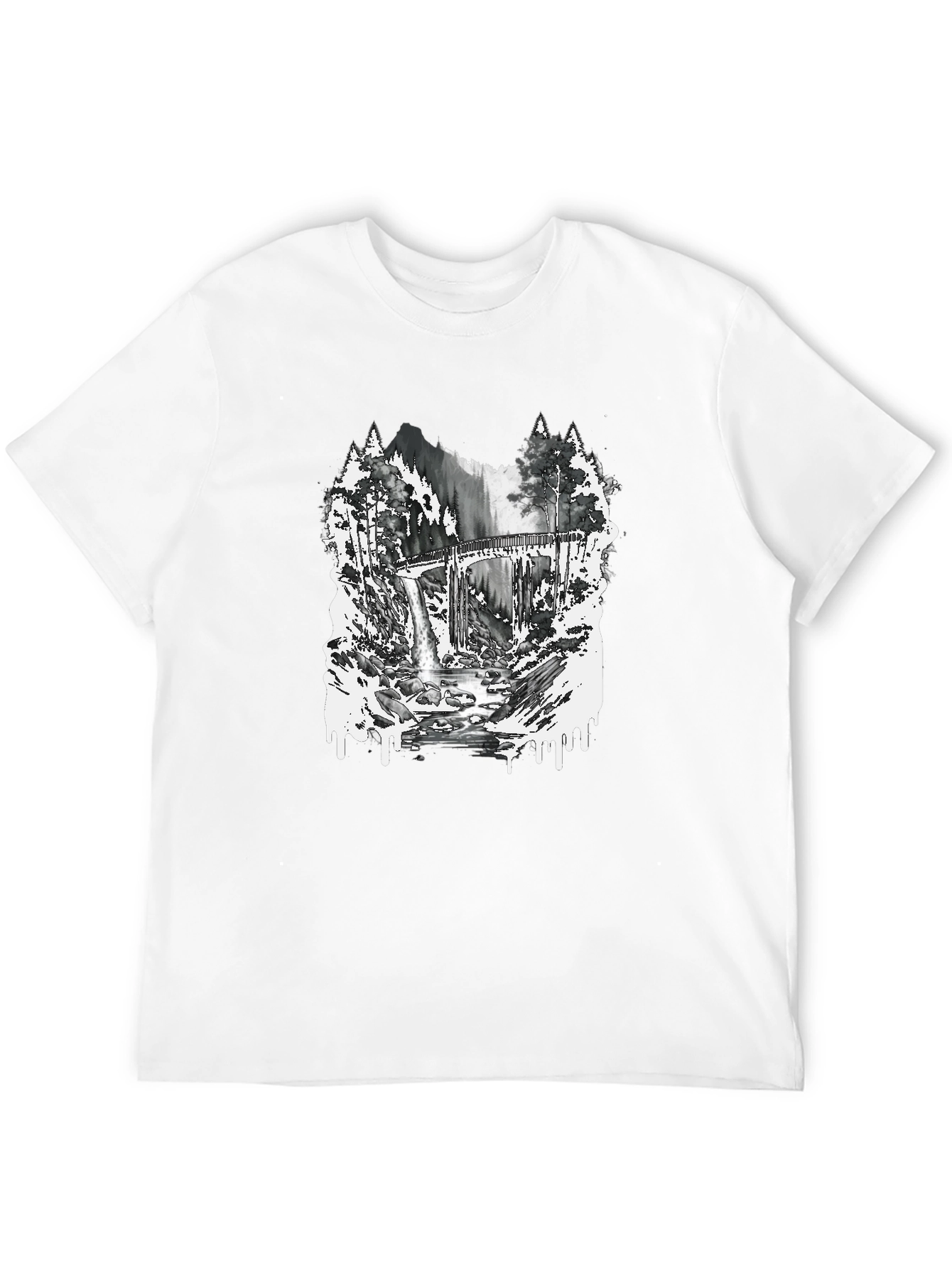 Camiseta Negra con Diseño de Bosque y Puente