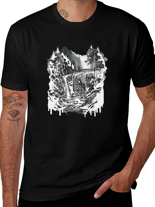 Camiseta Negra con Diseño de Bosque y Puente