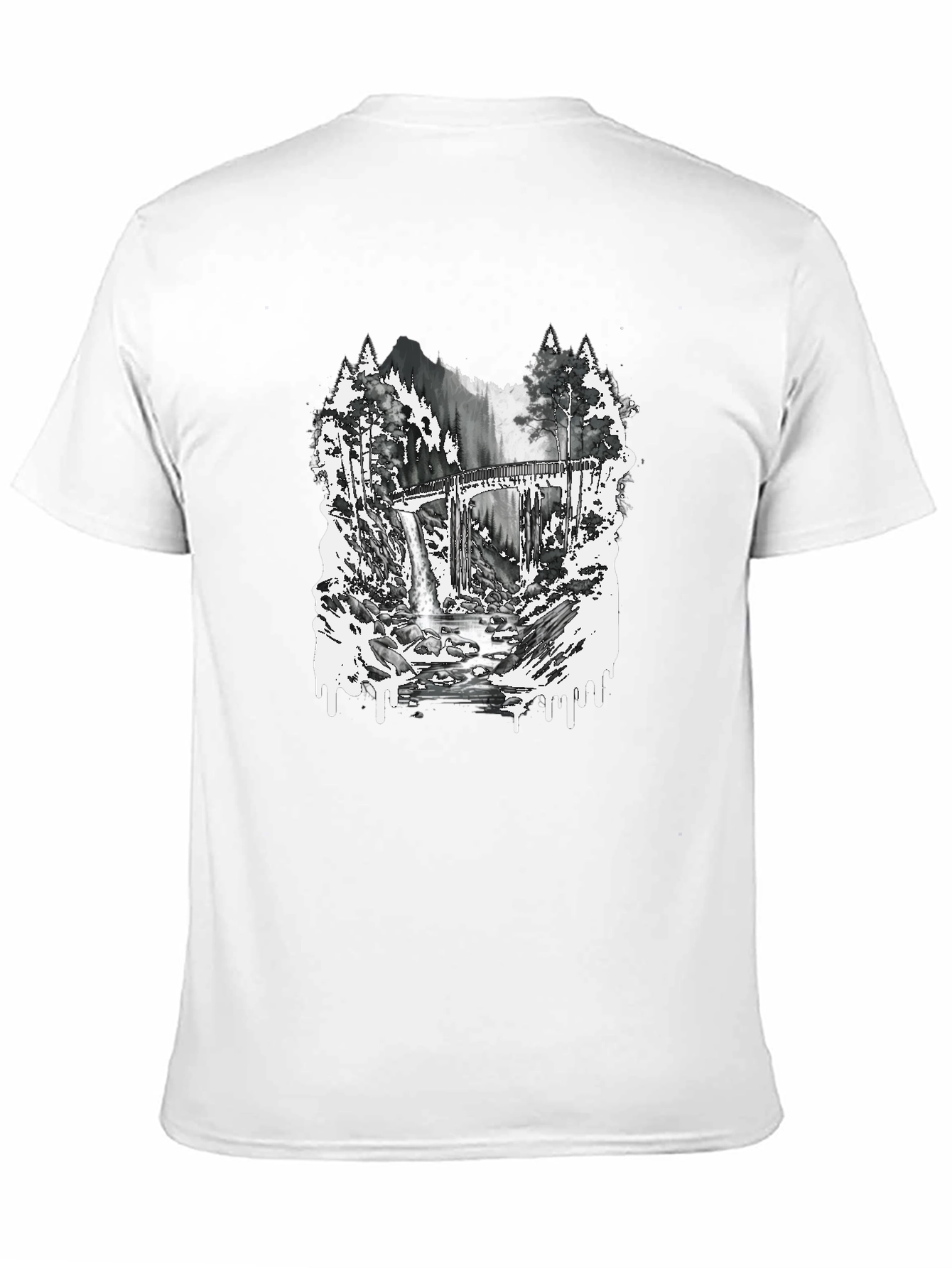 Camiseta Negra con Diseño de Bosque y Puente