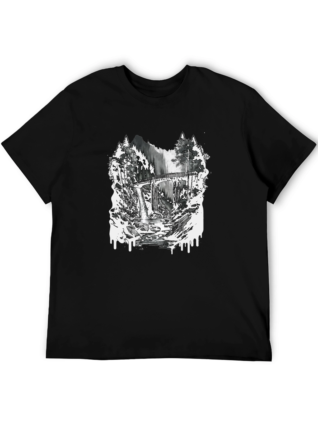 Camiseta Negra con Diseño de Bosque y Puente