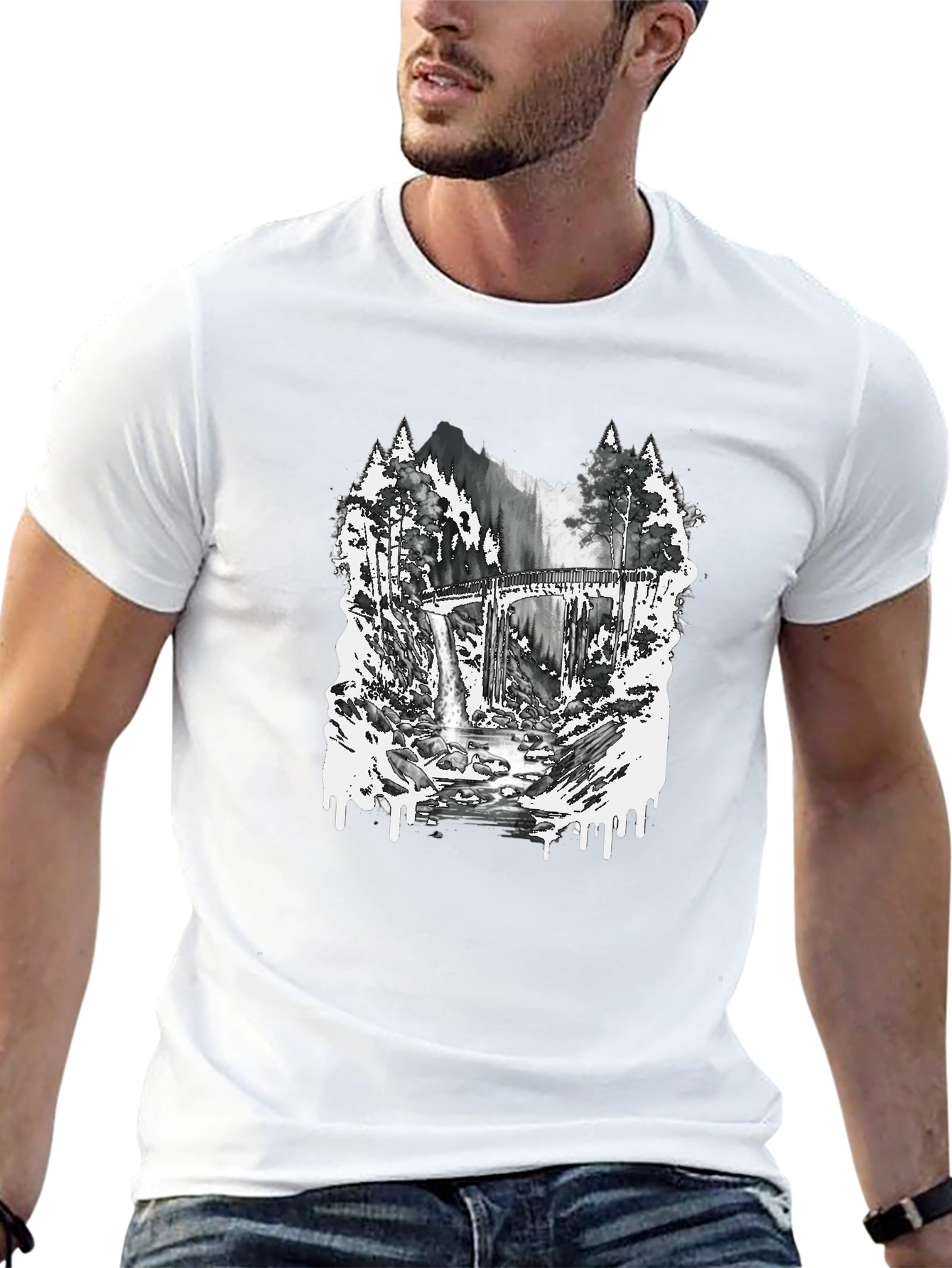 Camiseta Negra con Diseño de Bosque y Puente