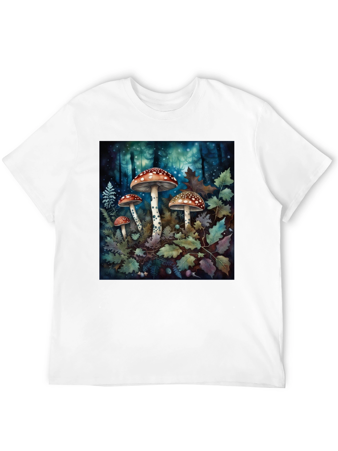 Camiseta Negra con Diseño de Bosque y Hongos