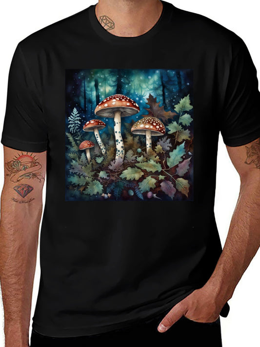 Camiseta Negra con Diseño de Bosque y Hongos