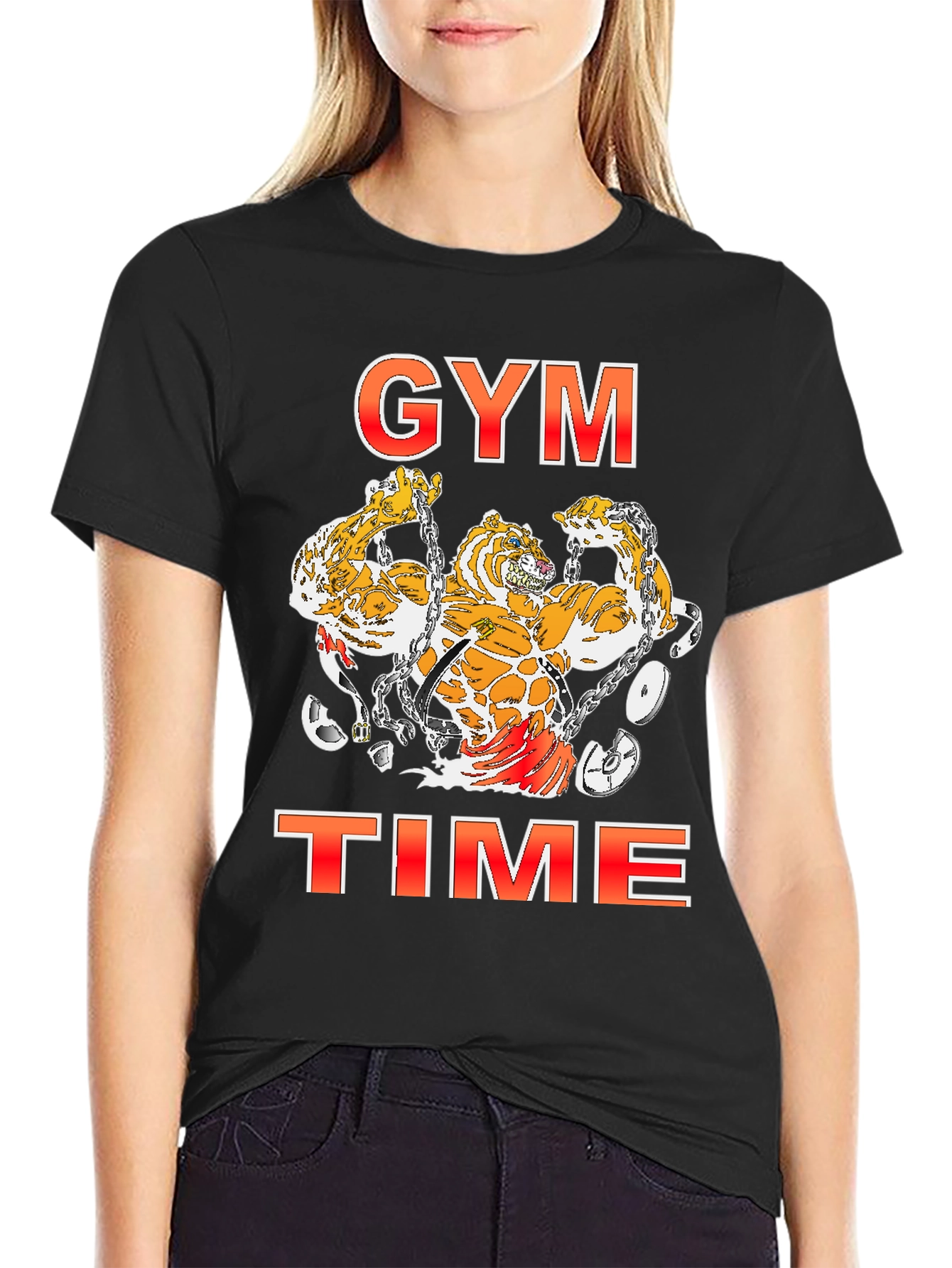 Camiseta Negra Estampada Gym Time con Tigres Musculosos