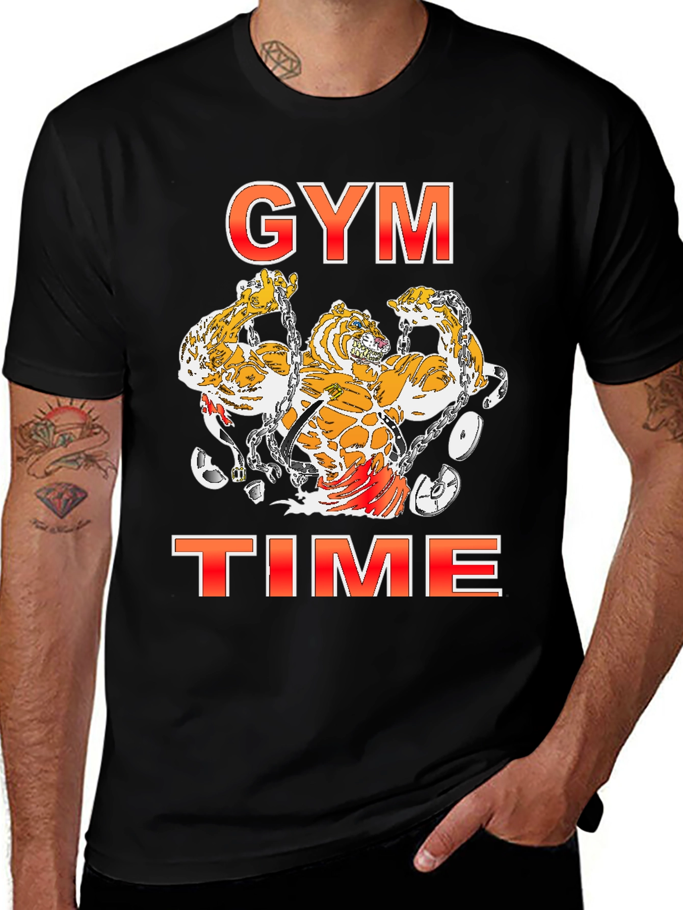 Camiseta Negra Estampada Gym Time con Tigres Musculosos