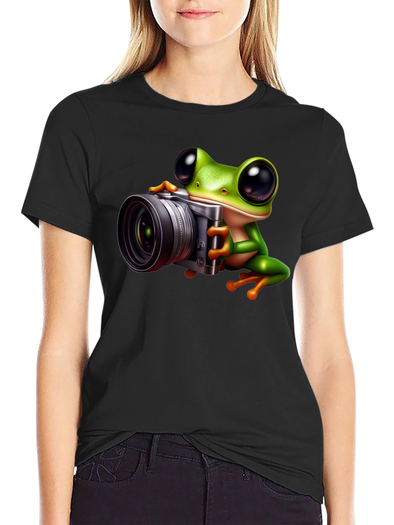 Camiseta Negra con Rana Fotógrafa