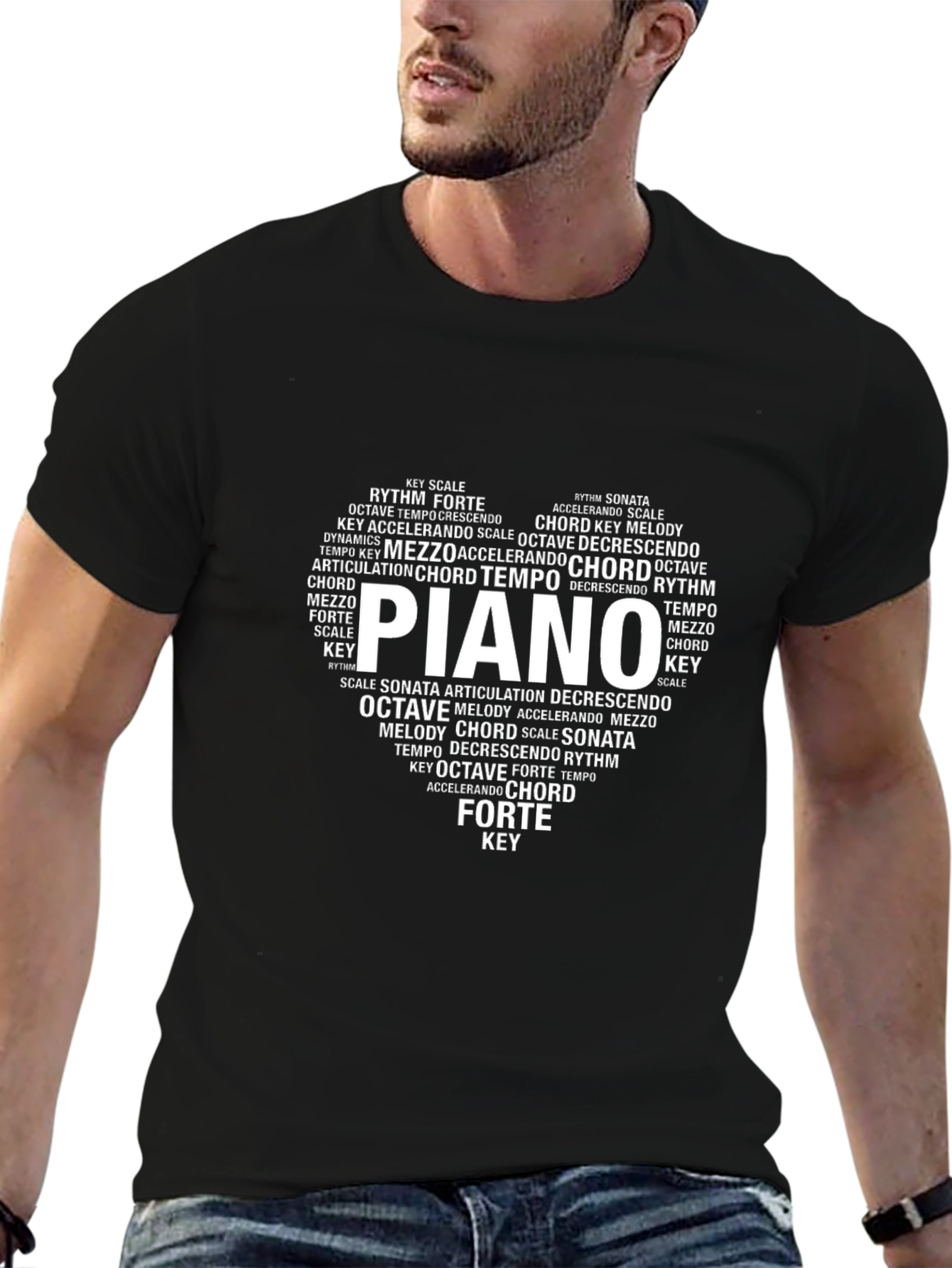 Camiseta Negra Hombre Diseño Musical Piano