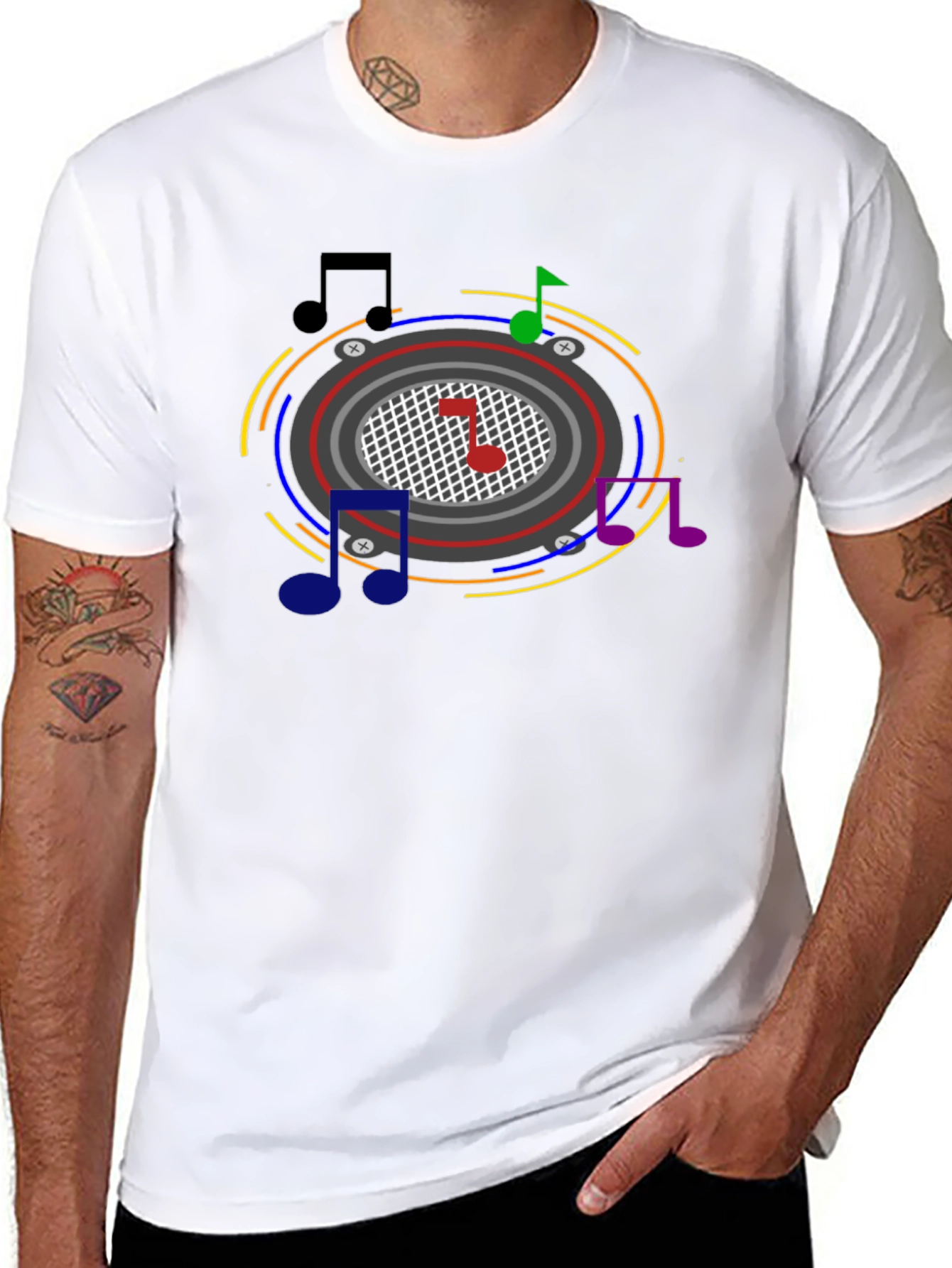 Camiseta Negra con Diseño Musical Abstracto
