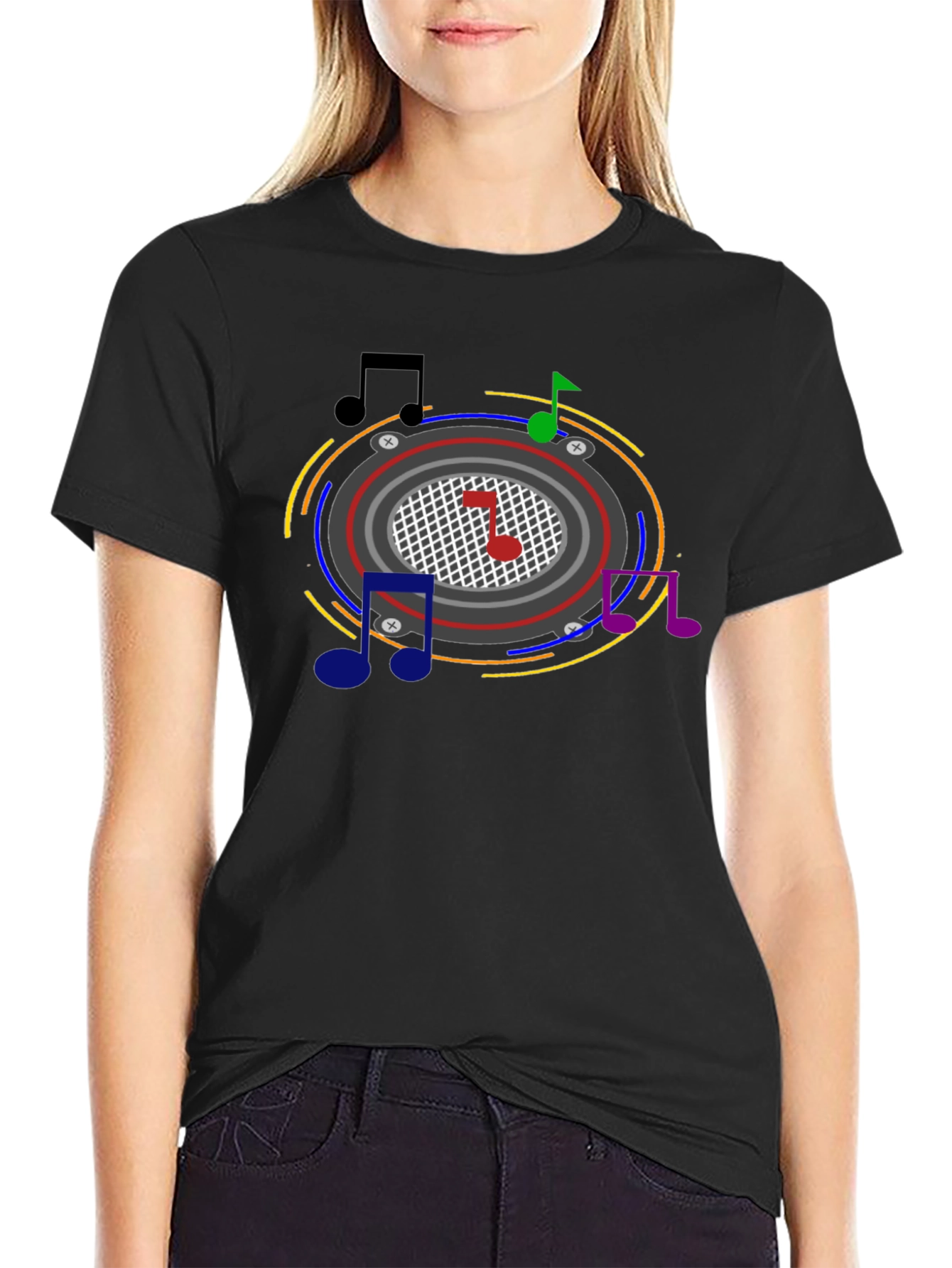 Camiseta Negra con Diseño Musical Abstracto