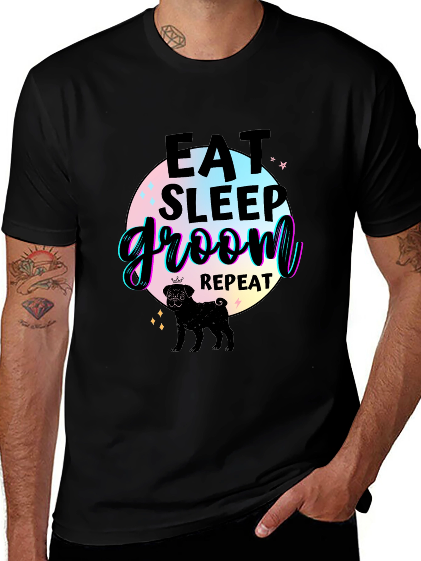 Camiseta Negra Comer Dormir Asear Repetir con Pug