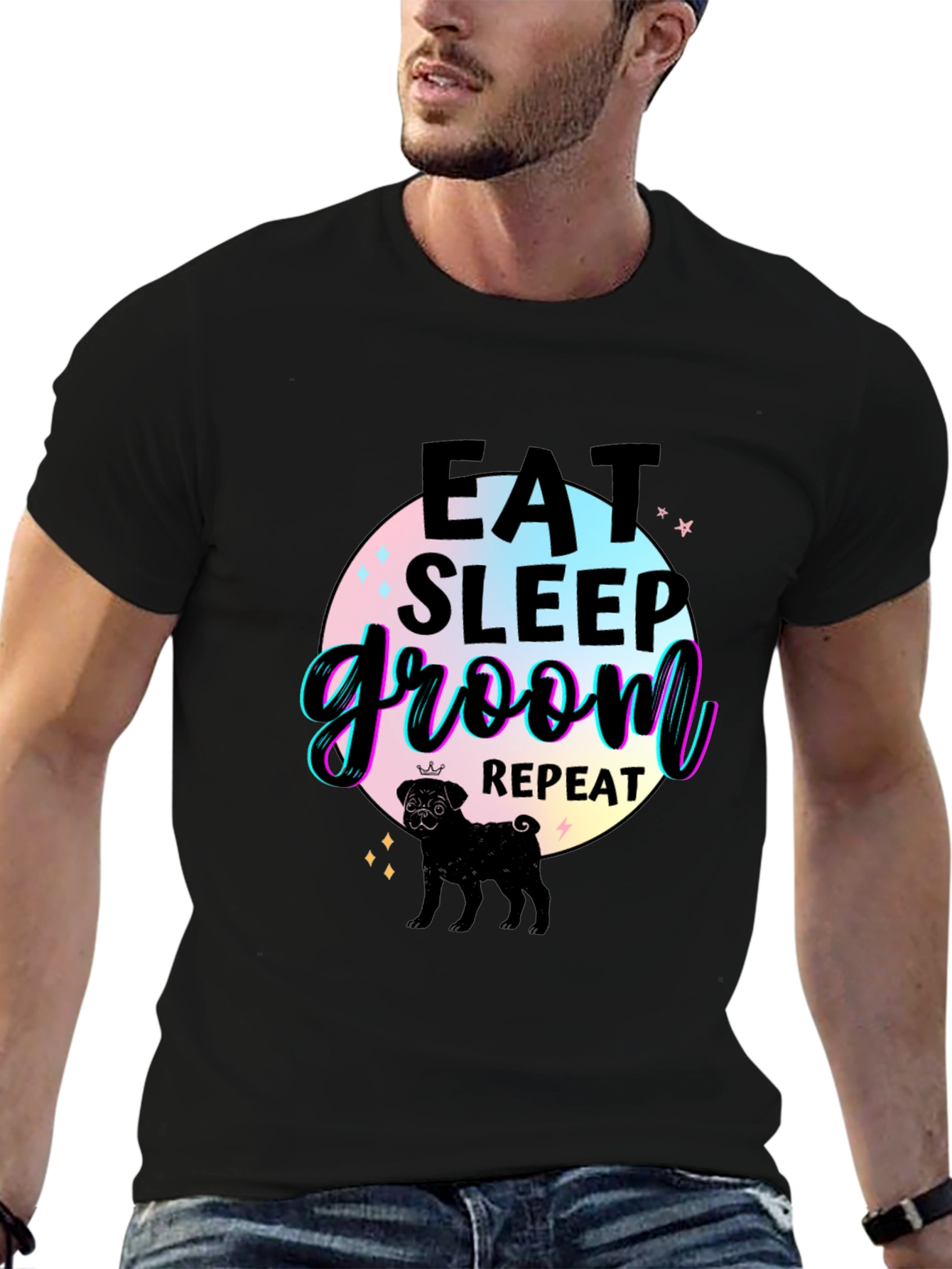 Camiseta Negra Comer Dormir Asear Repetir con Pug