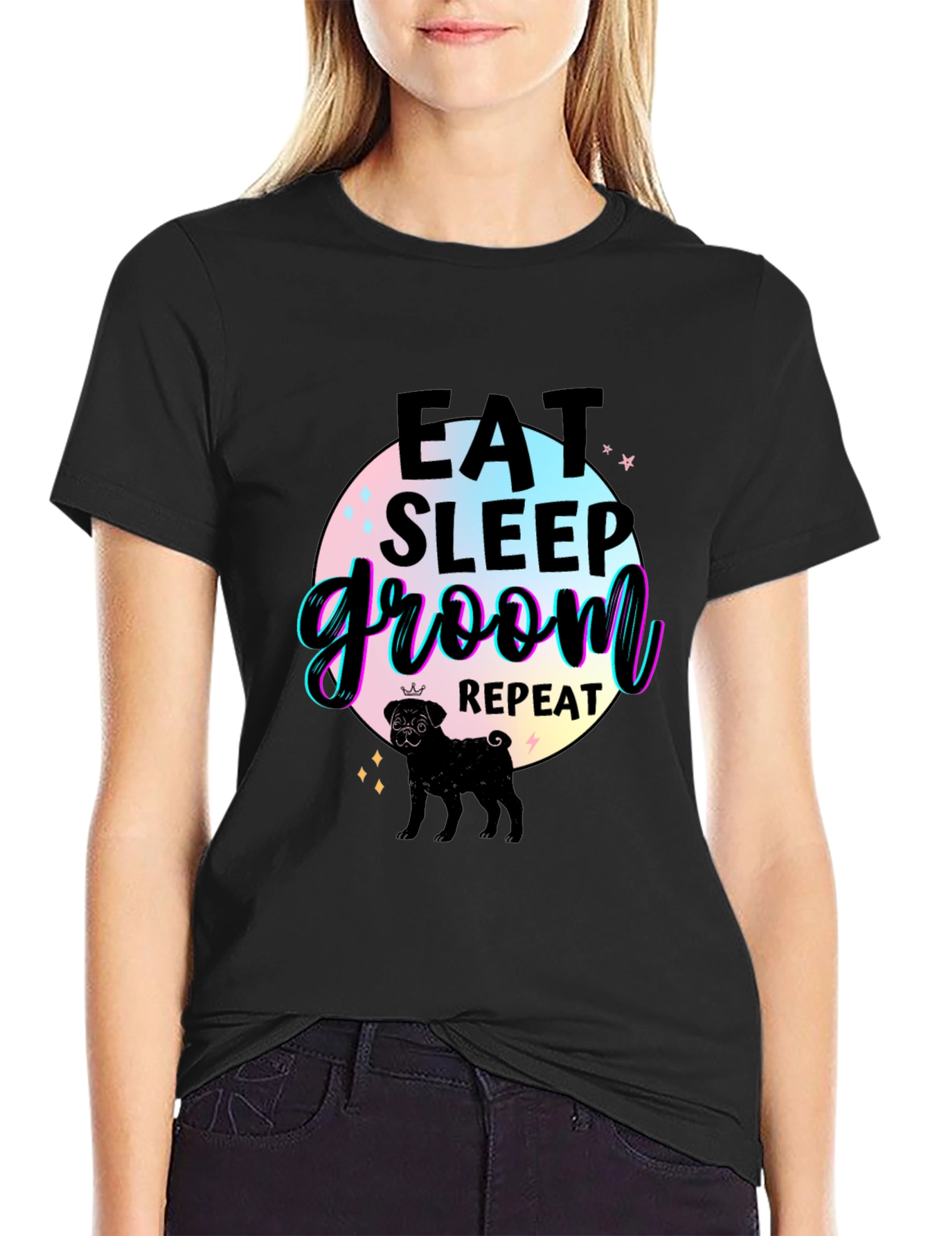 Camiseta Negra Comer Dormir Asear Repetir con Pug