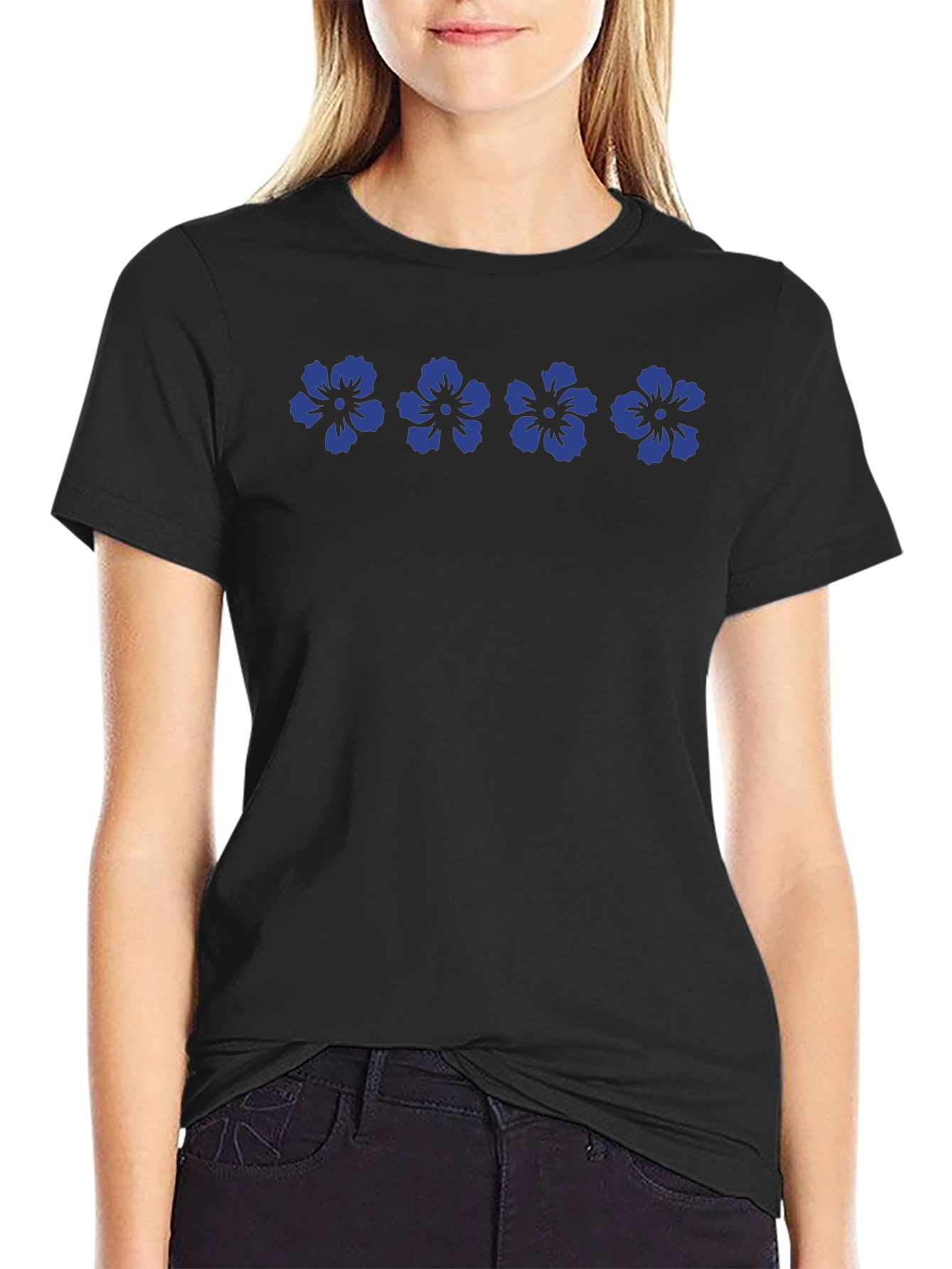 Camiseta Negra Flores Azules Casual Hombre