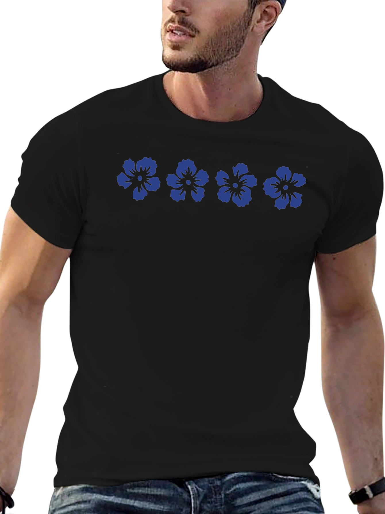 Camiseta Negra Flores Azules Casual Hombre
