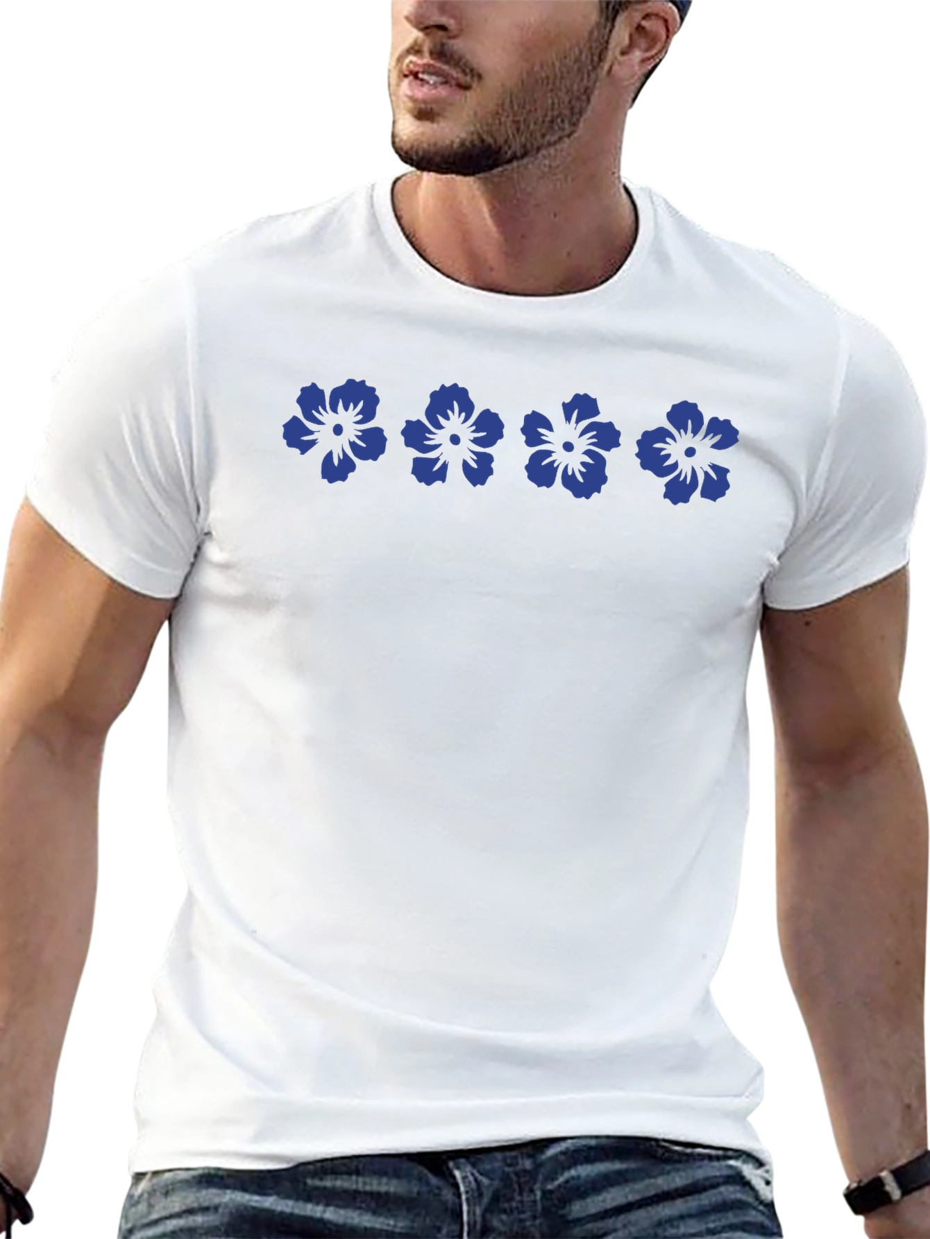 Camiseta Negra Flores Azules Casual Hombre
