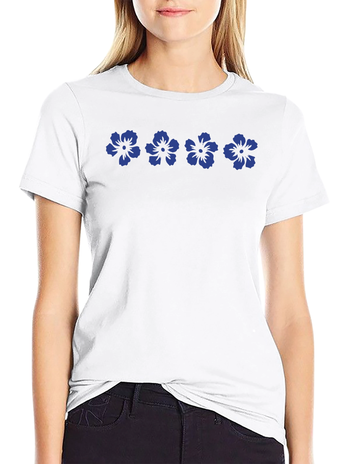 Camiseta Negra Flores Azules Casual Hombre