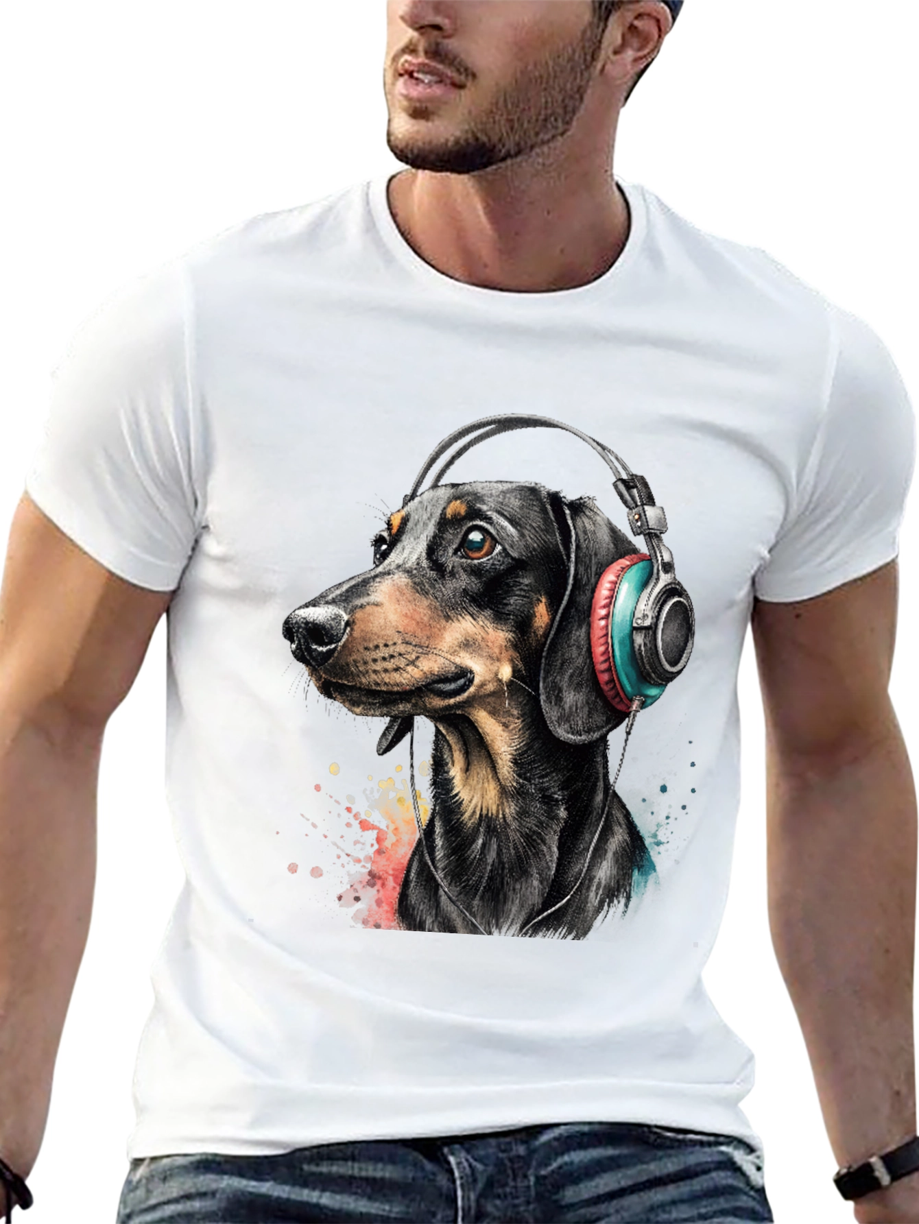 Camiseta Hombre Perro Dachshund con Auriculares