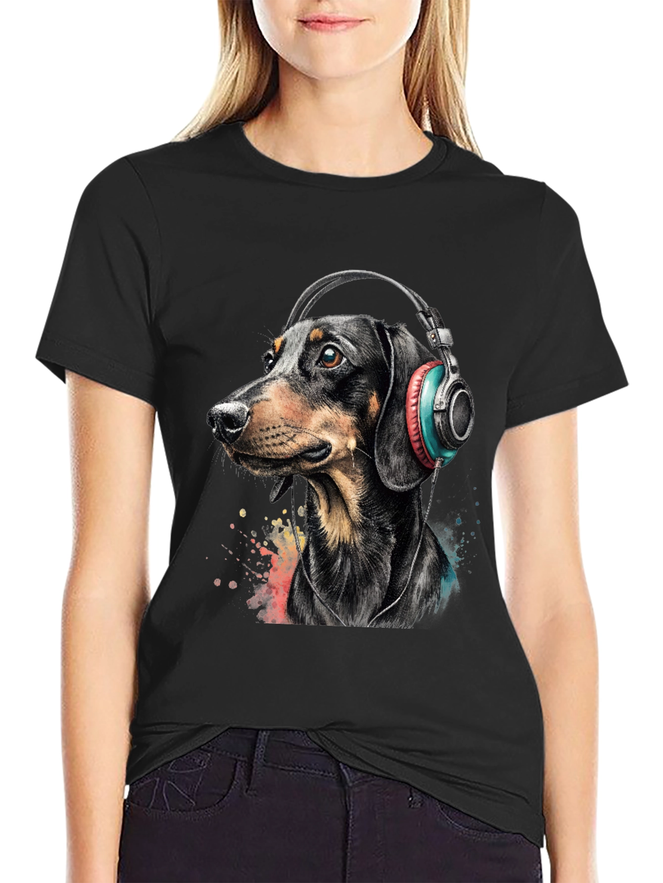 Camiseta Hombre Perro Dachshund con Auriculares