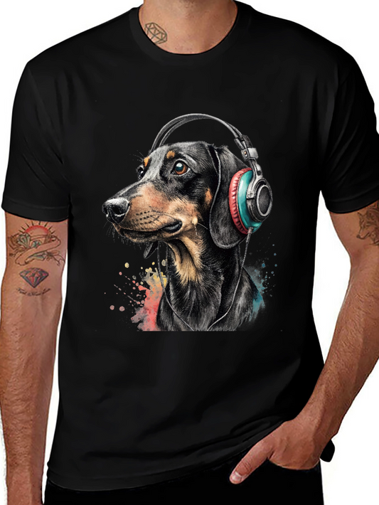 Camiseta Hombre Perro Dachshund con Auriculares