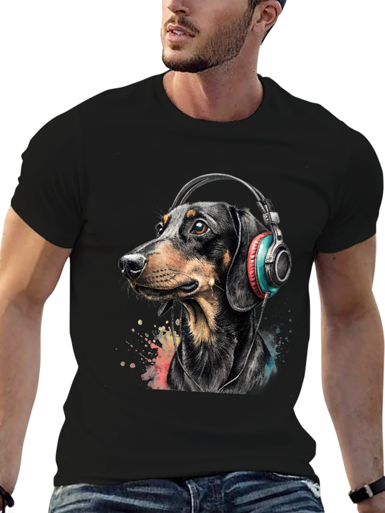Camiseta Hombre Perro Dachshund con Auriculares