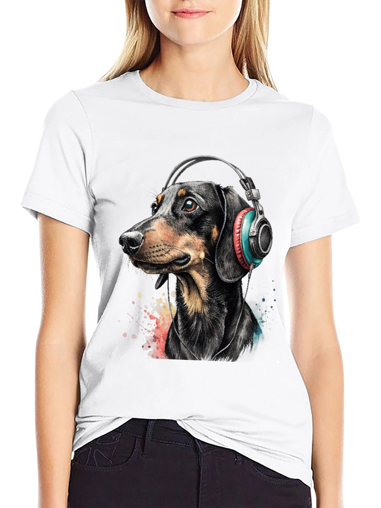Camiseta Hombre Perro Dachshund con Auriculares