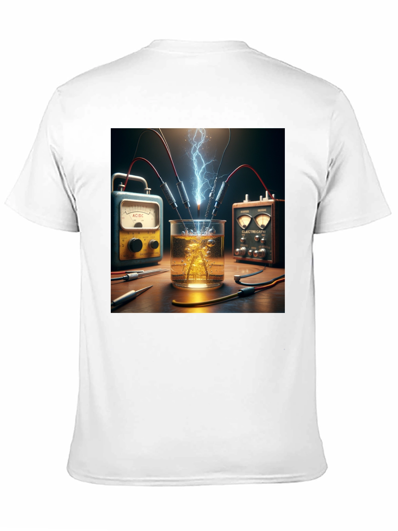 Camiseta Negra con Diseño de Experimento Eléctrico