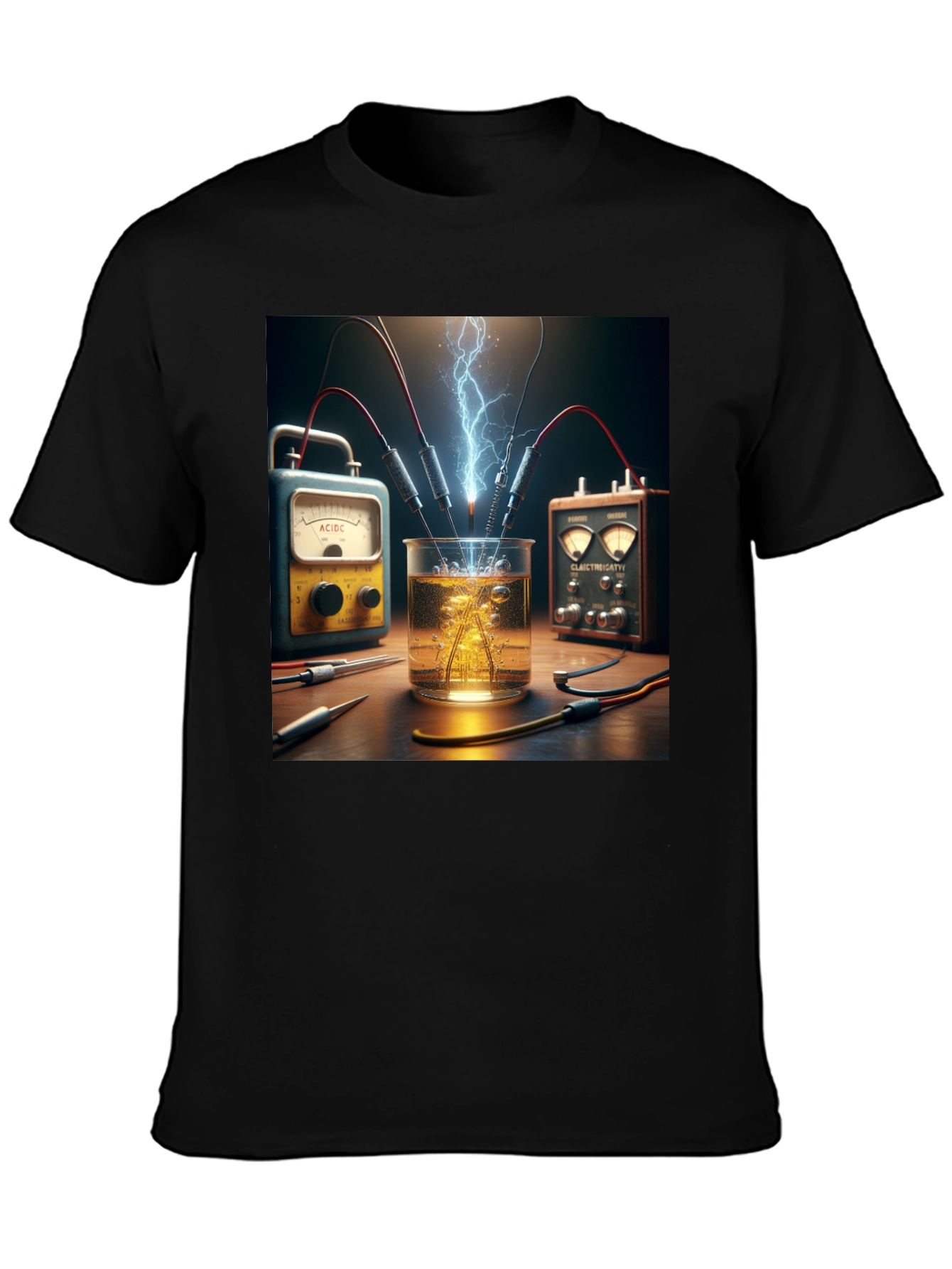 Camiseta Negra con Diseño de Experimento Eléctrico
