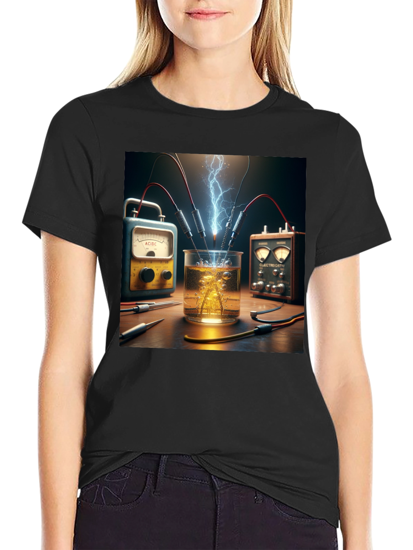 Camiseta Negra con Diseño de Experimento Eléctrico