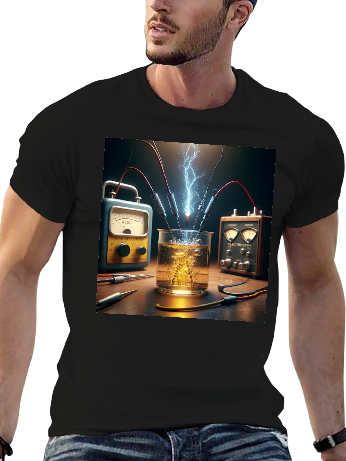 Camiseta Negra con Diseño de Experimento Eléctrico