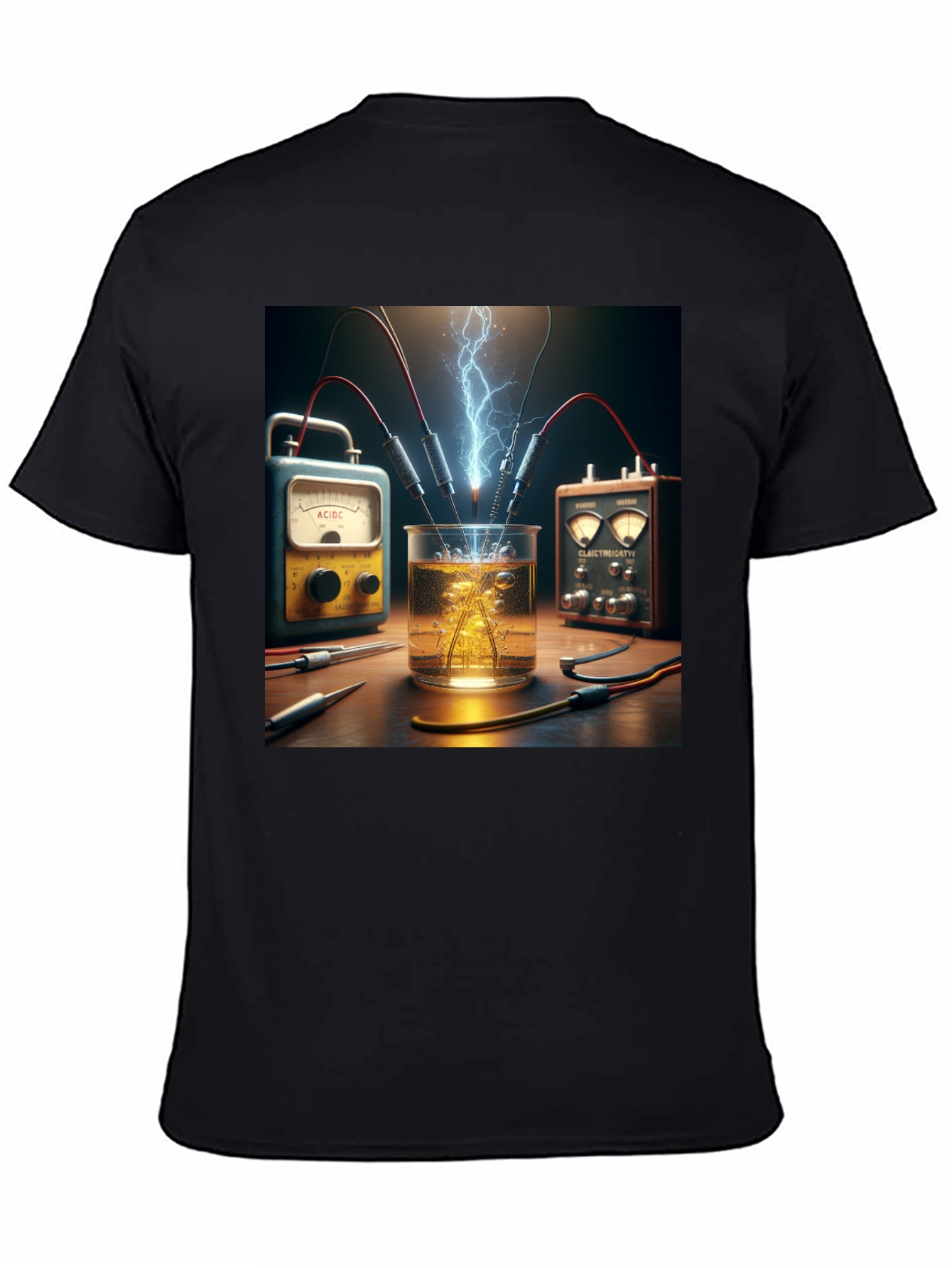 Camiseta Negra con Diseño de Experimento Eléctrico