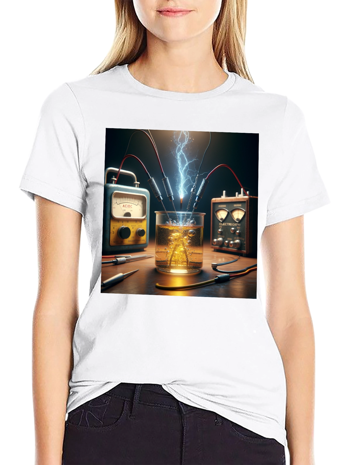 Camiseta Negra con Diseño de Experimento Eléctrico
