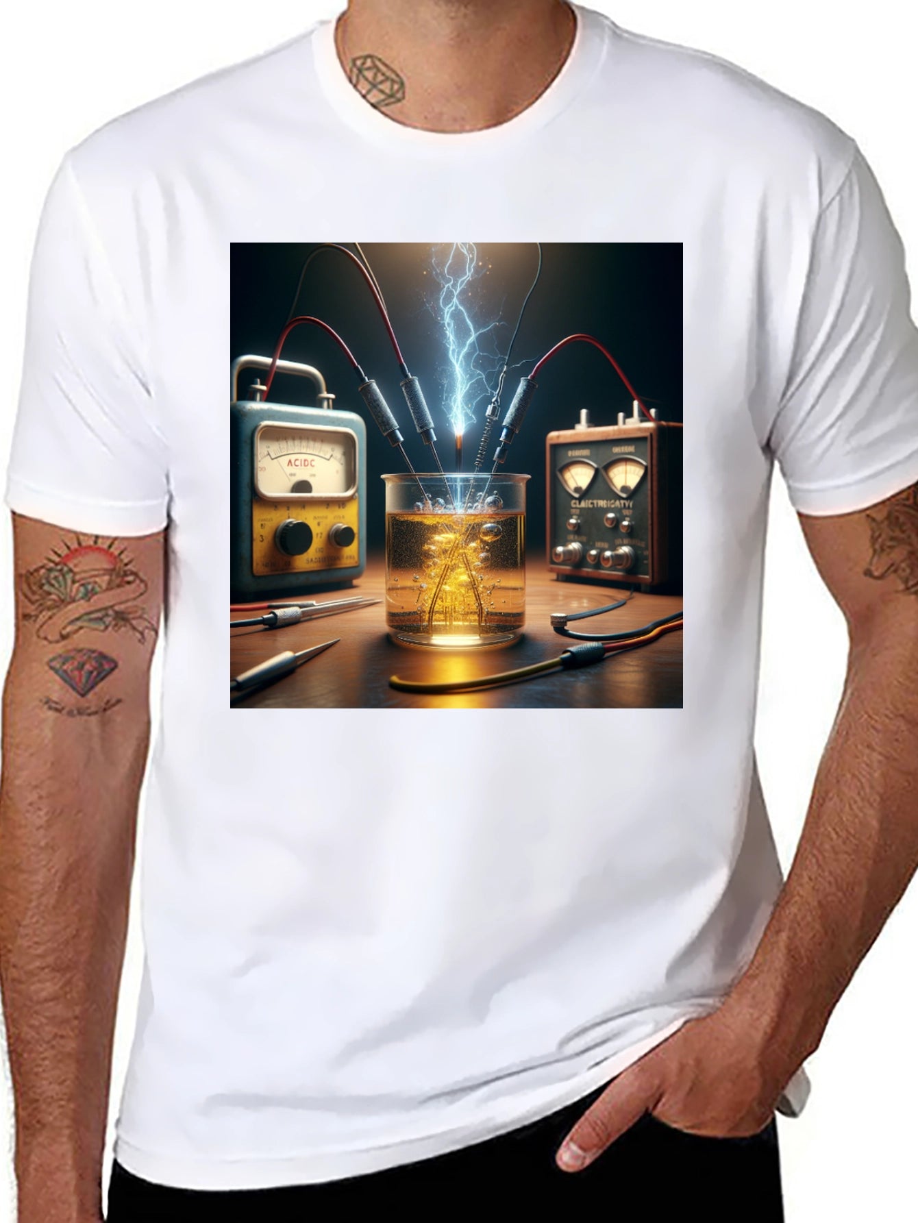 Camiseta Negra con Diseño de Experimento Eléctrico