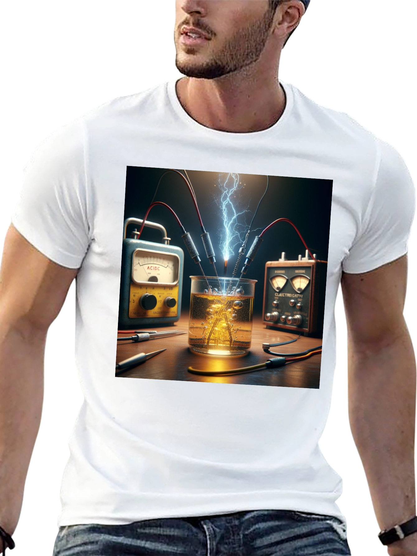 Camiseta Negra con Diseño de Experimento Eléctrico
