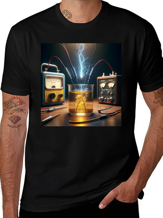 Camiseta Negra con Diseño de Experimento Eléctrico
