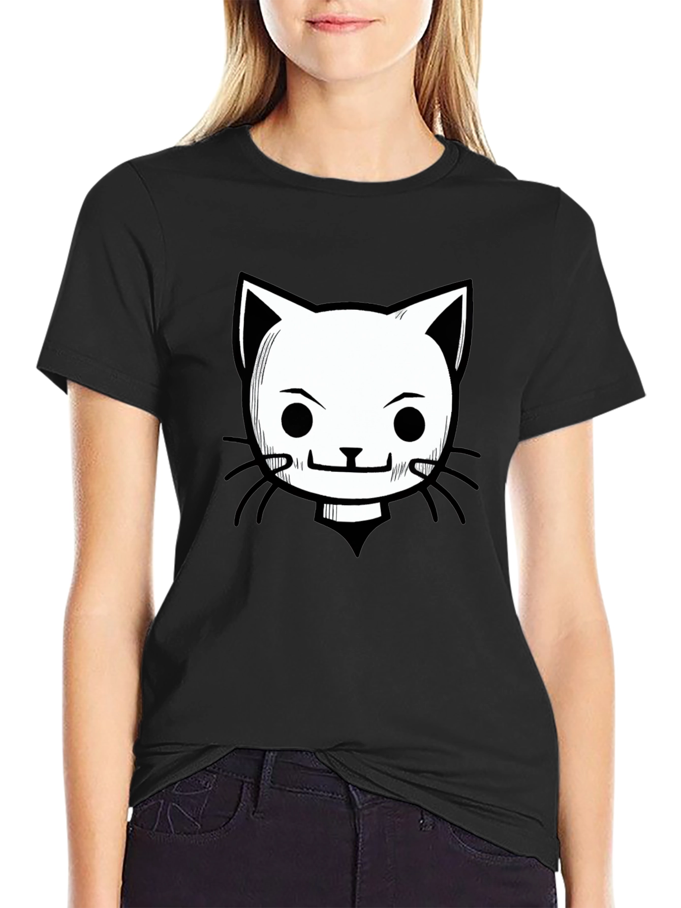Camiseta Negra con Diseño de Gato Animado