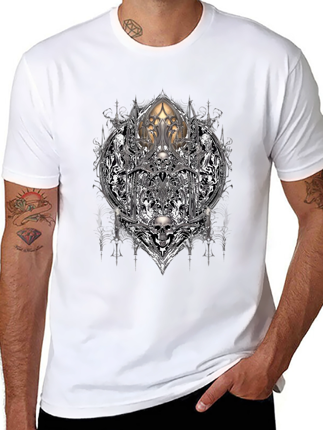 Camiseta Negra con Diseño Gótico de Calaveras