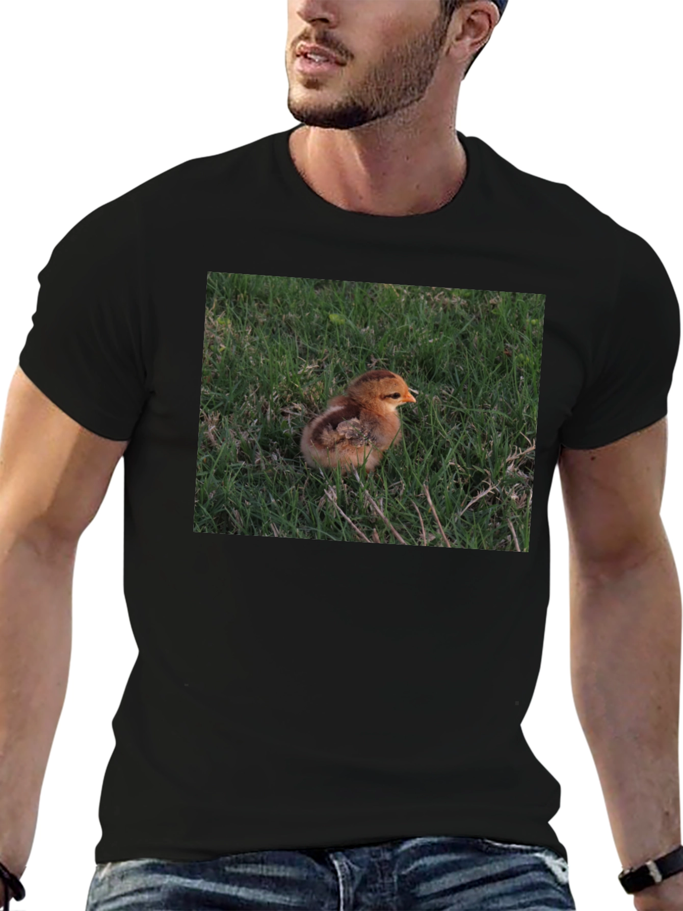 Camiseta Negra con Diseño de Pollito en el Césped