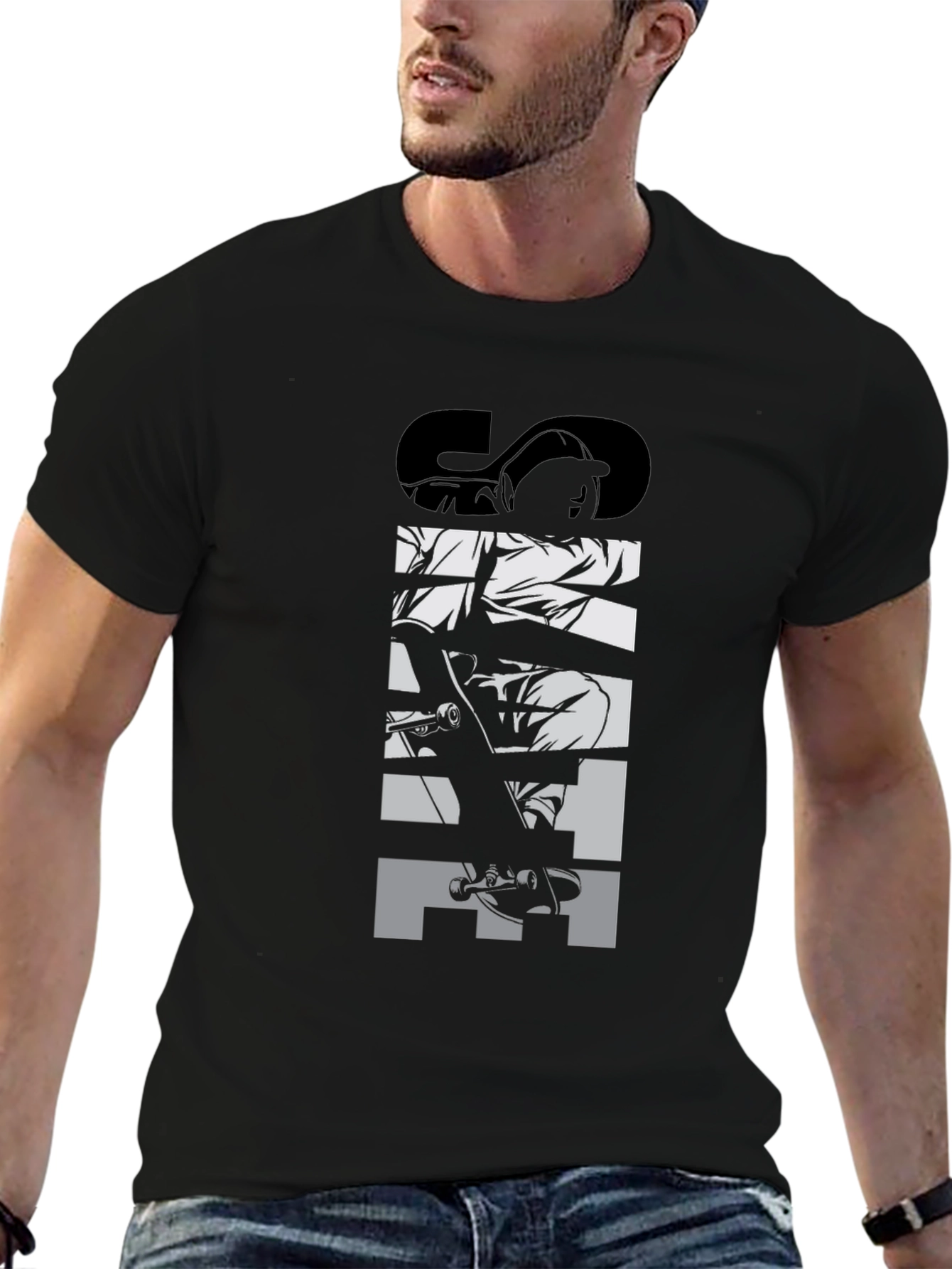 Camiseta Negra Skate Gráfica para Hombre