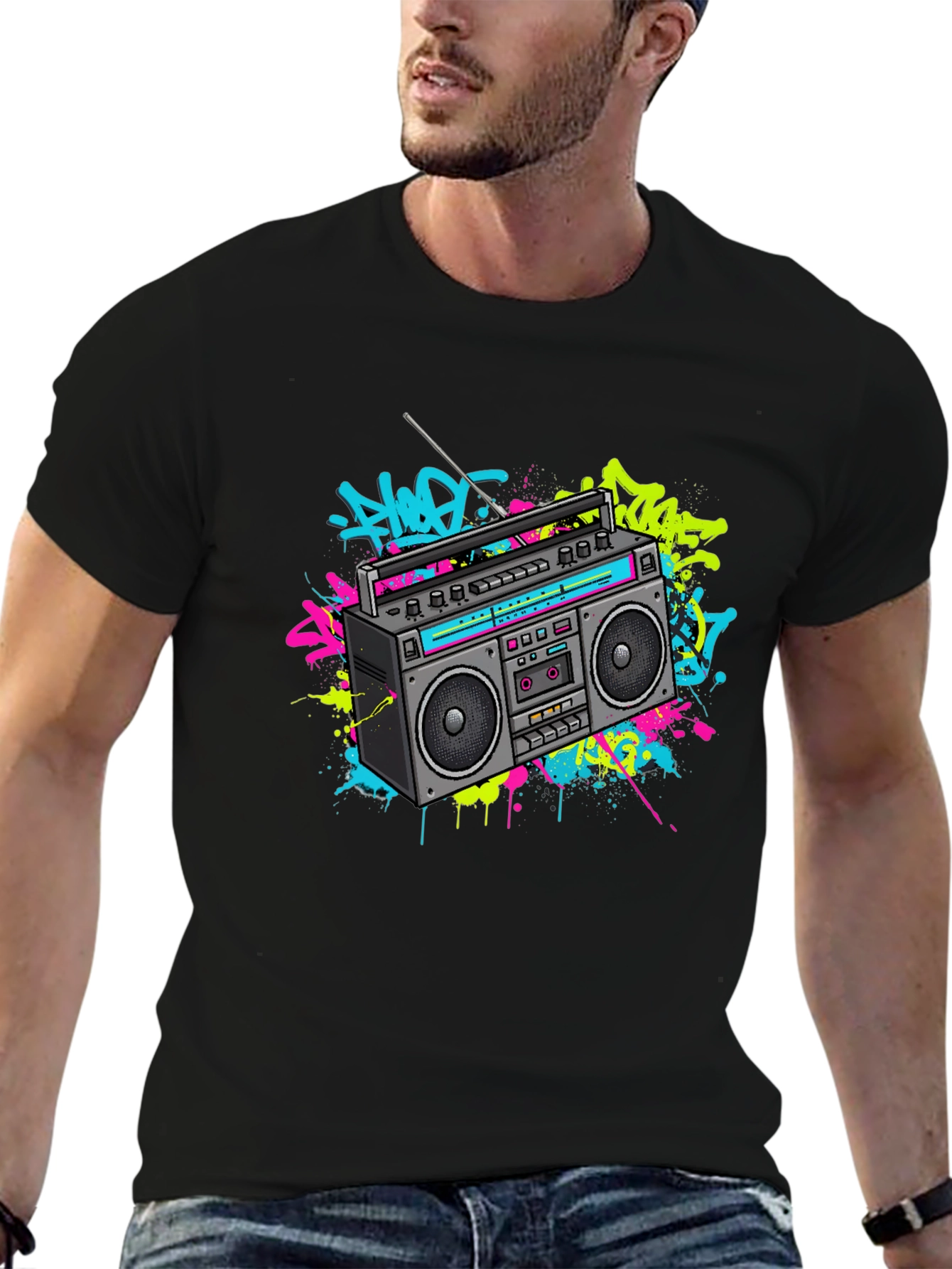 Camiseta Negra con Diseño Retro Radio