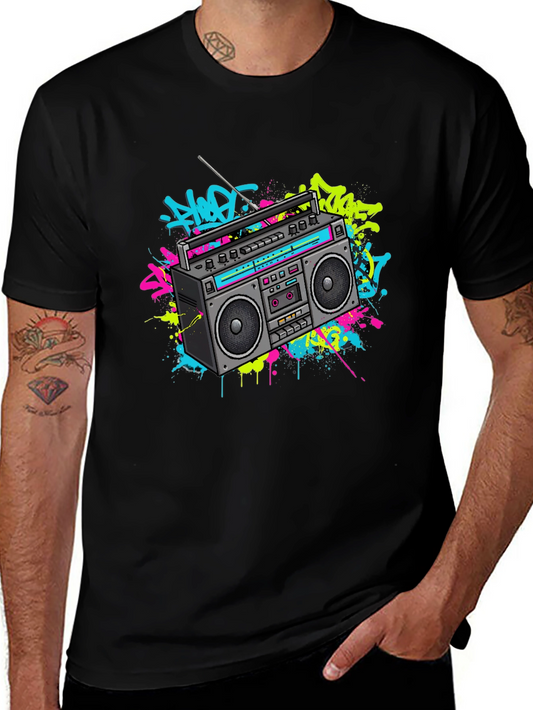 Camiseta Negra con Diseño Retro Radio