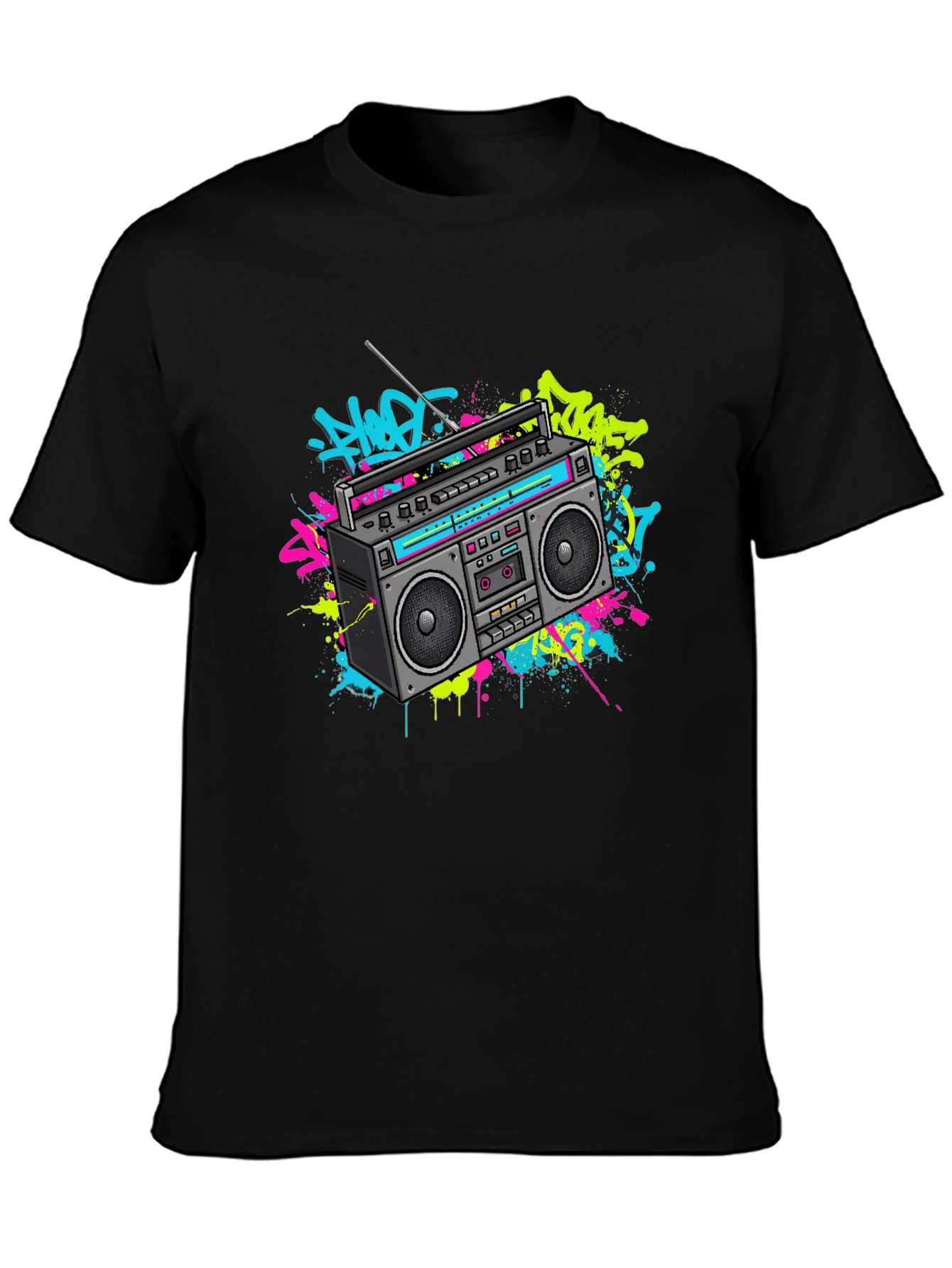 Camiseta Negra con Diseño Retro Radio