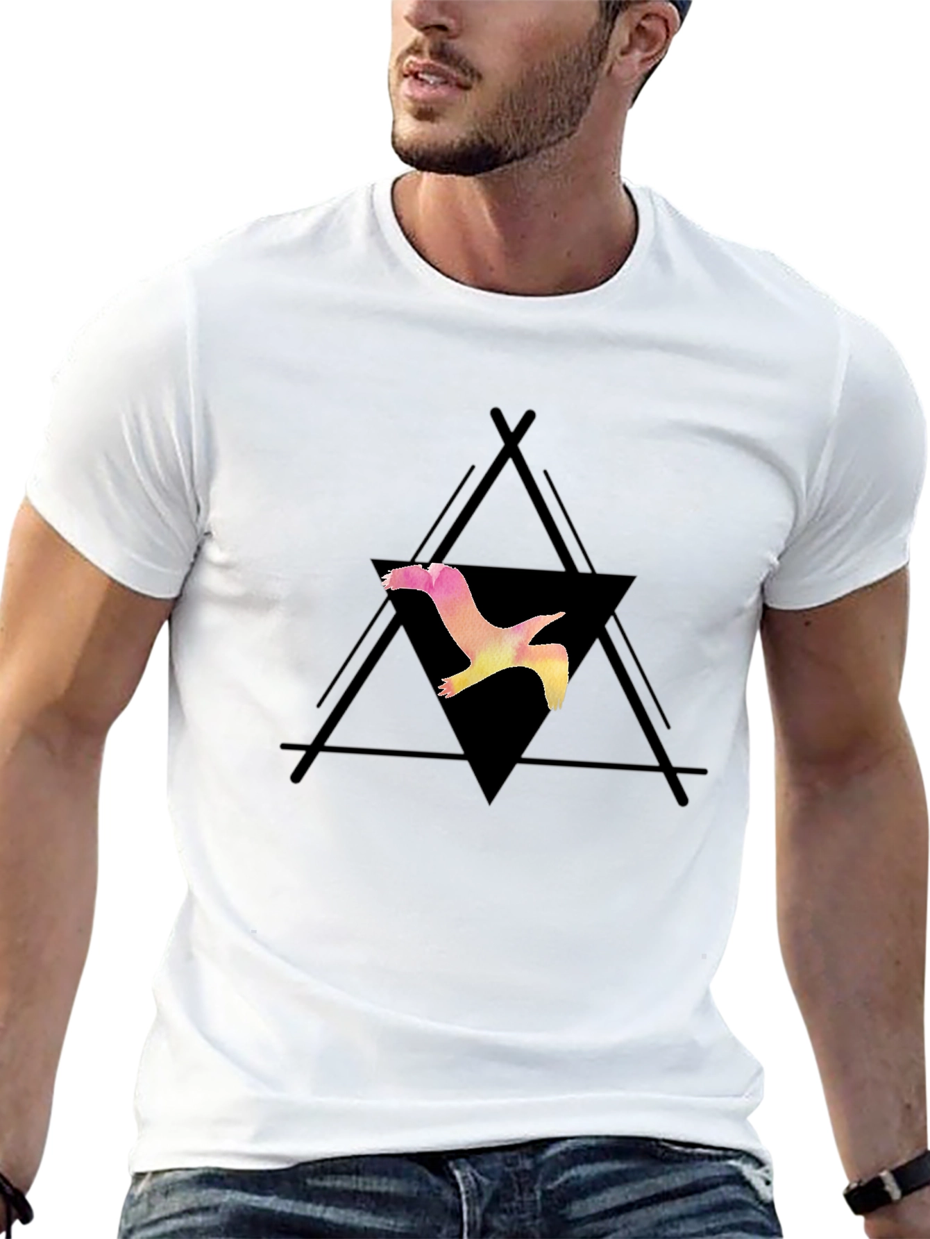 Camiseta Negra con Diseño de Ave Geométrica