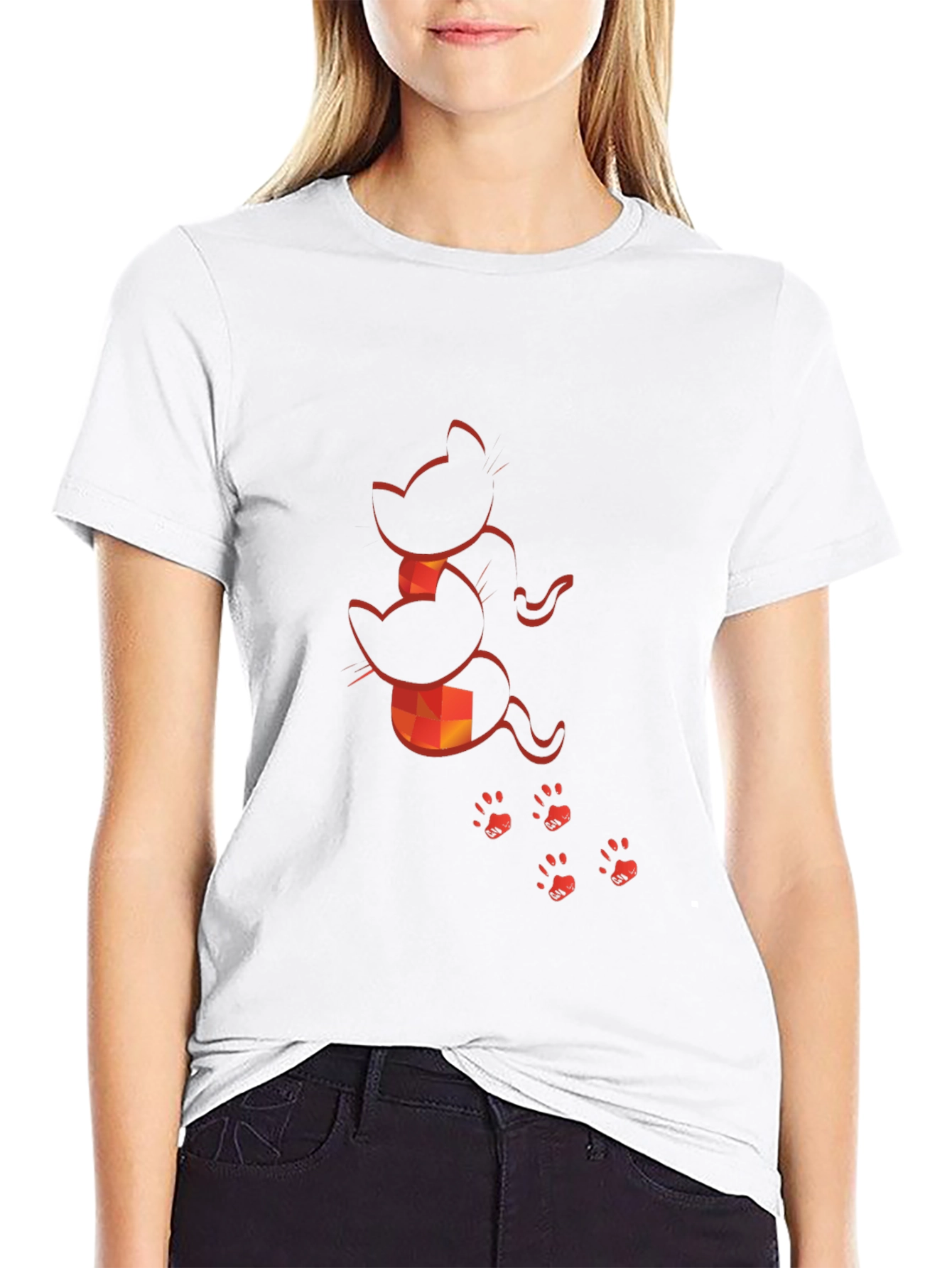 Camiseta Negra con Diseño de Gatos Naranja